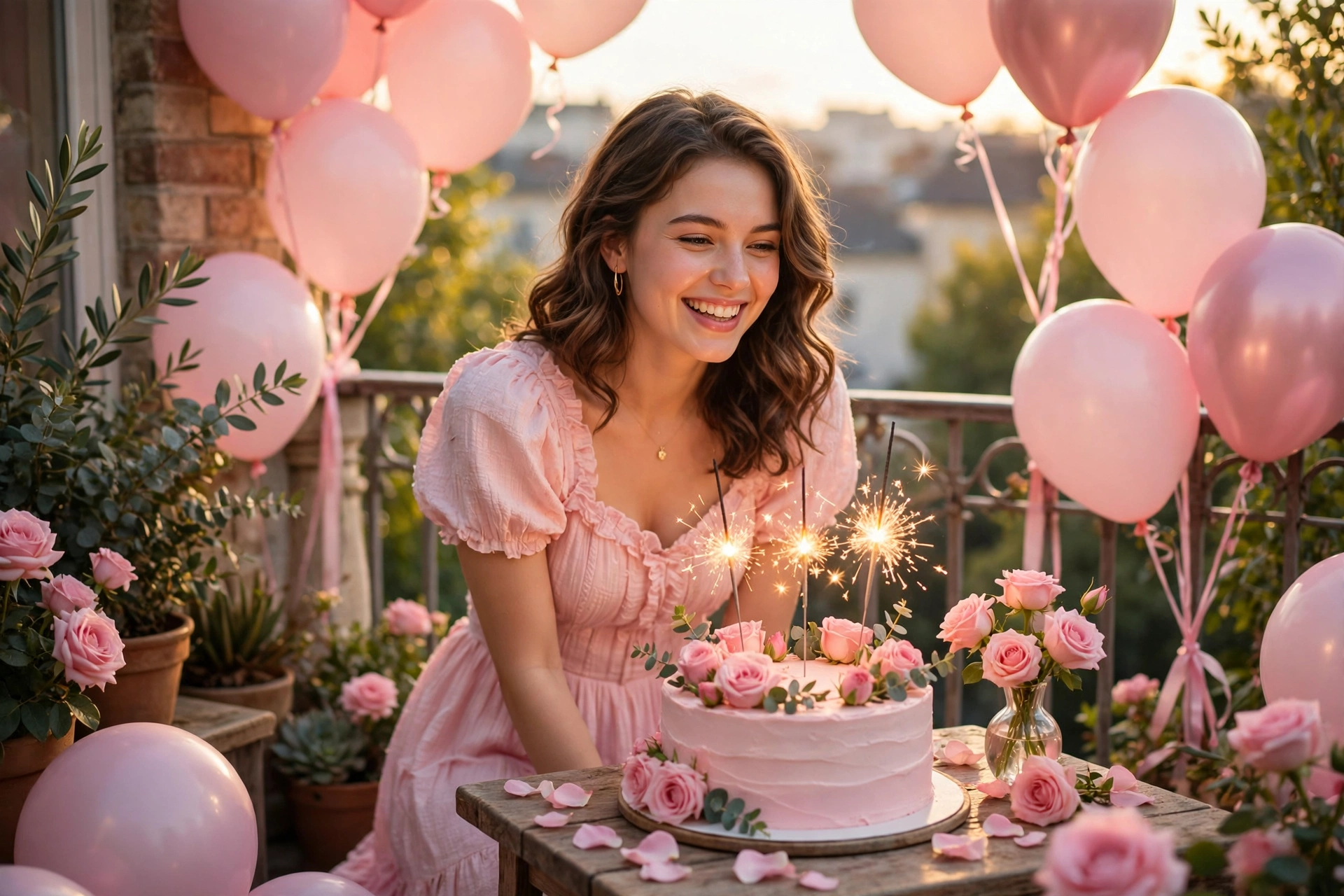 Create an ultra-realistic cinematic photograph of a young person celebrating a birthday in a room decorated with balloons in pastel pink, a cake with