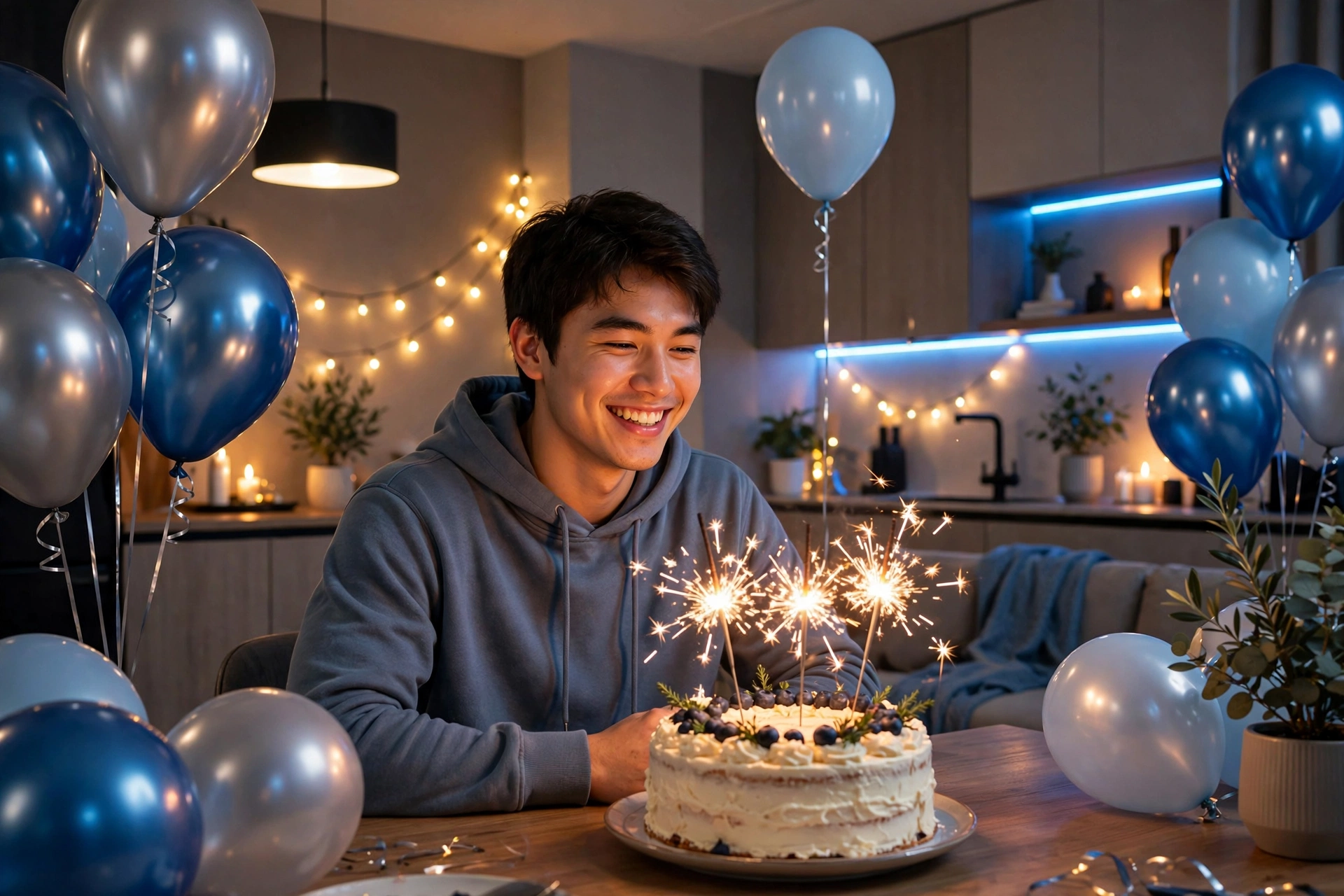 Create an ultra-realistic cinematic photograph of a young person celebrating a birthday in a room decorated with balloons in blue and silver, a cake w