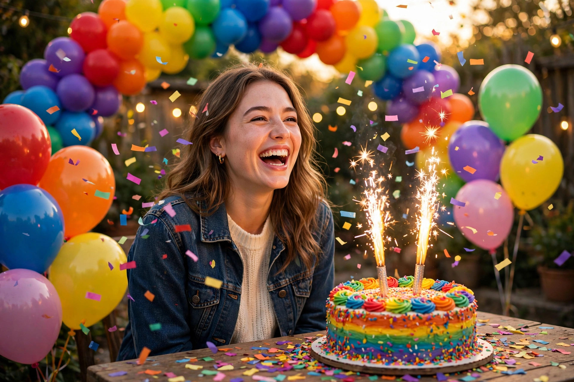 Create an ultra-realistic cinematic photograph of a young person celebrating a birthday in a room decorated with balloons in rainbow, a cake with spar