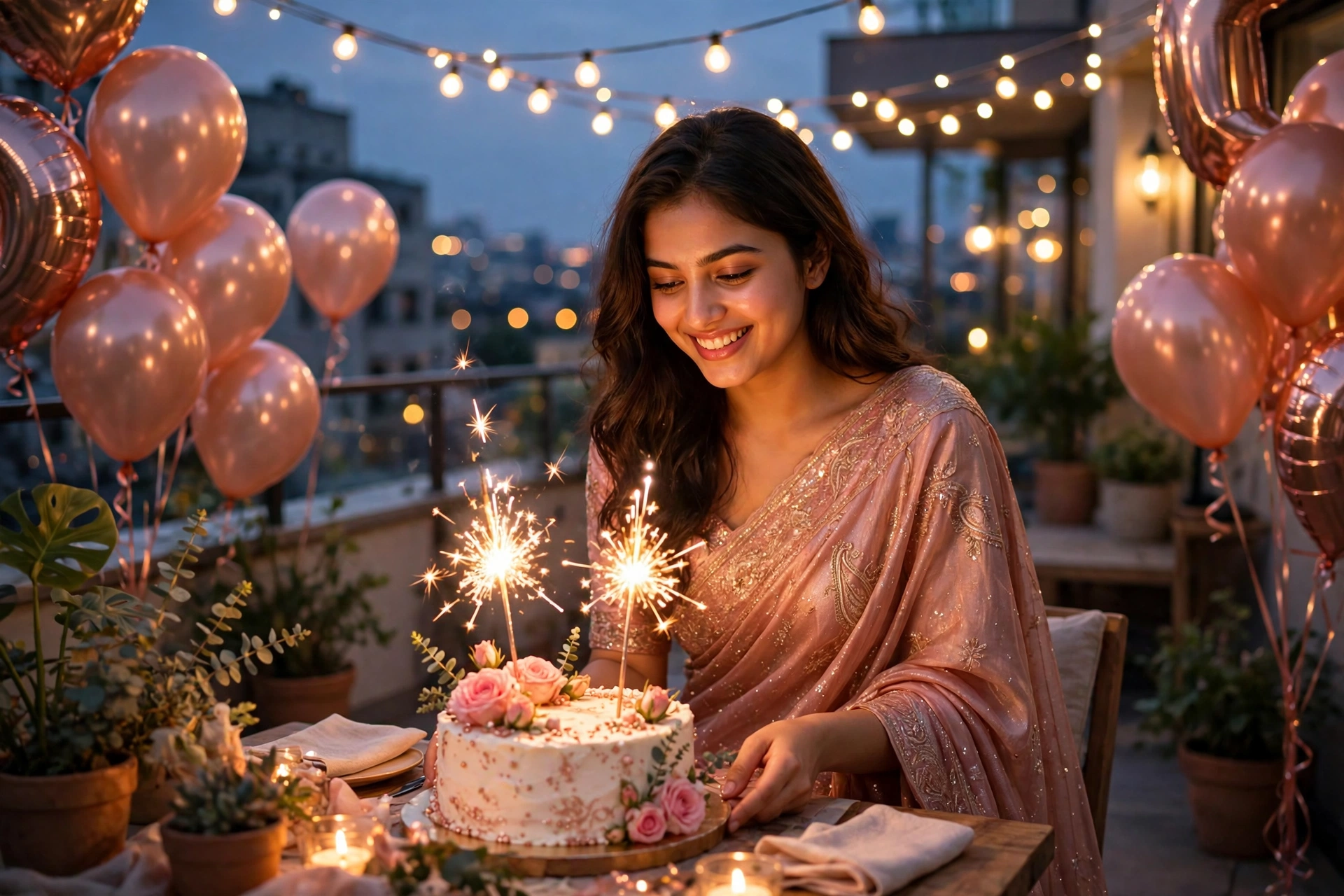 Create an ultra-realistic cinematic photograph of a young person celebrating a birthday in a room decorated with balloons in rose gold, a cake with sp