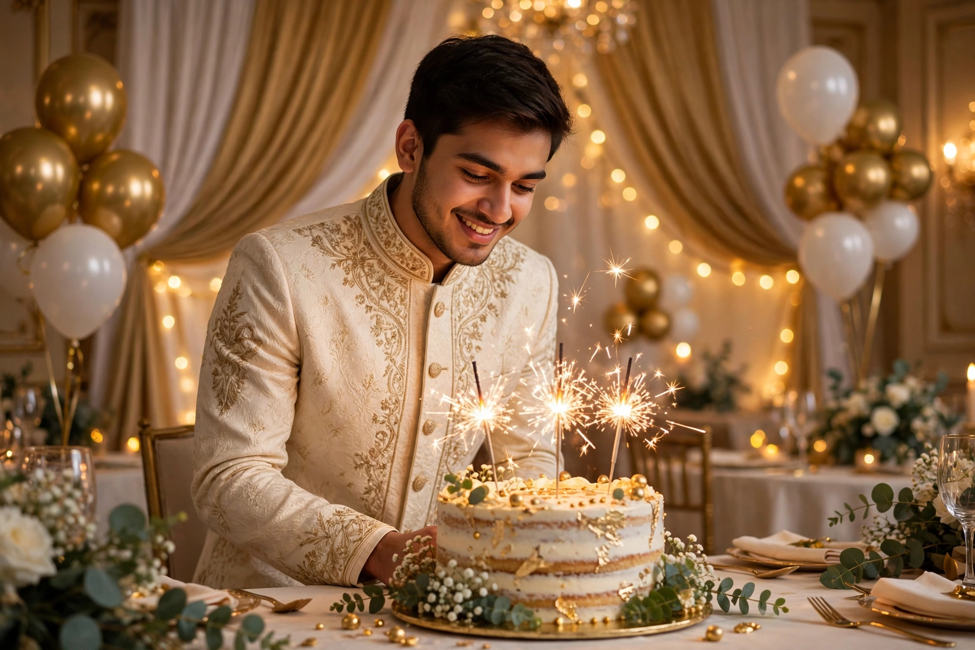 Create an ultra-realistic cinematic photograph of a young person celebrating a birthday in a room decorated with balloons in gold and white, a cake wi