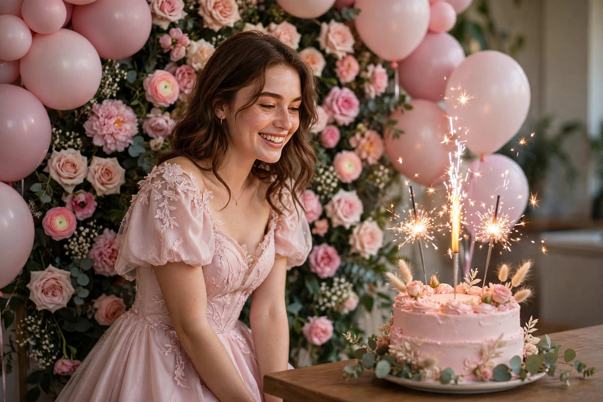Create an ultra-realistic cinematic photograph of a young person celebrating a birthday in a room decorated with balloons in pastel pink, a cake with
