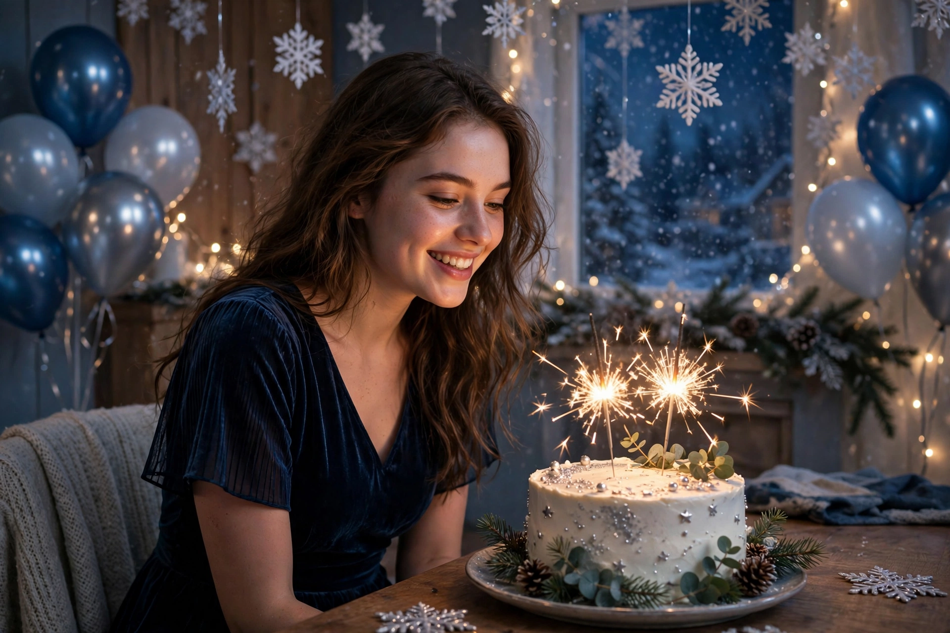 Create an ultra-realistic cinematic photograph of a young person celebrating a birthday in a room decorated with balloons in blue and silver, a cake w