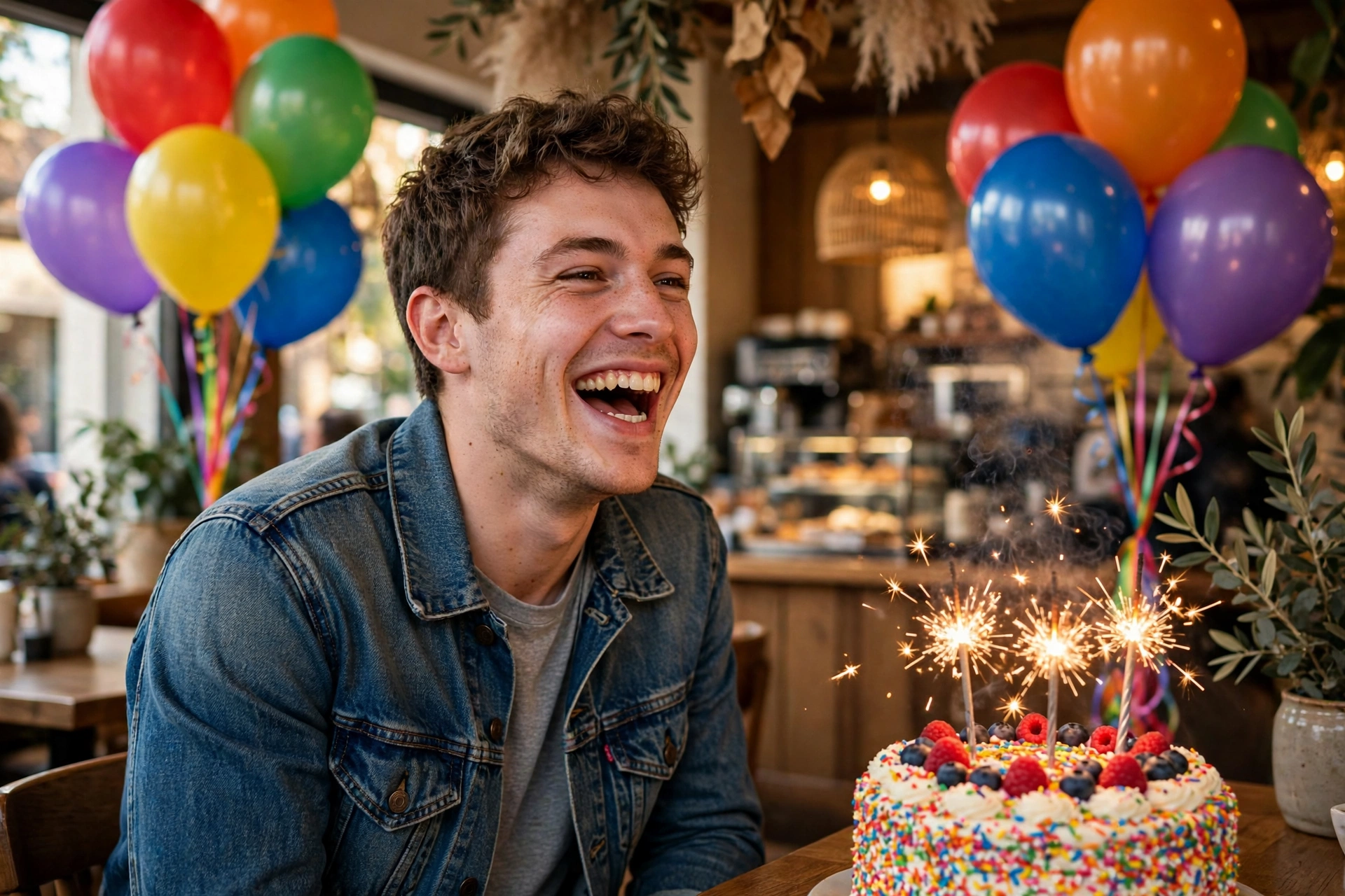 Create an ultra-realistic cinematic photograph of a young person celebrating a birthday in a room decorated with balloons in rainbow, a cake with spar
