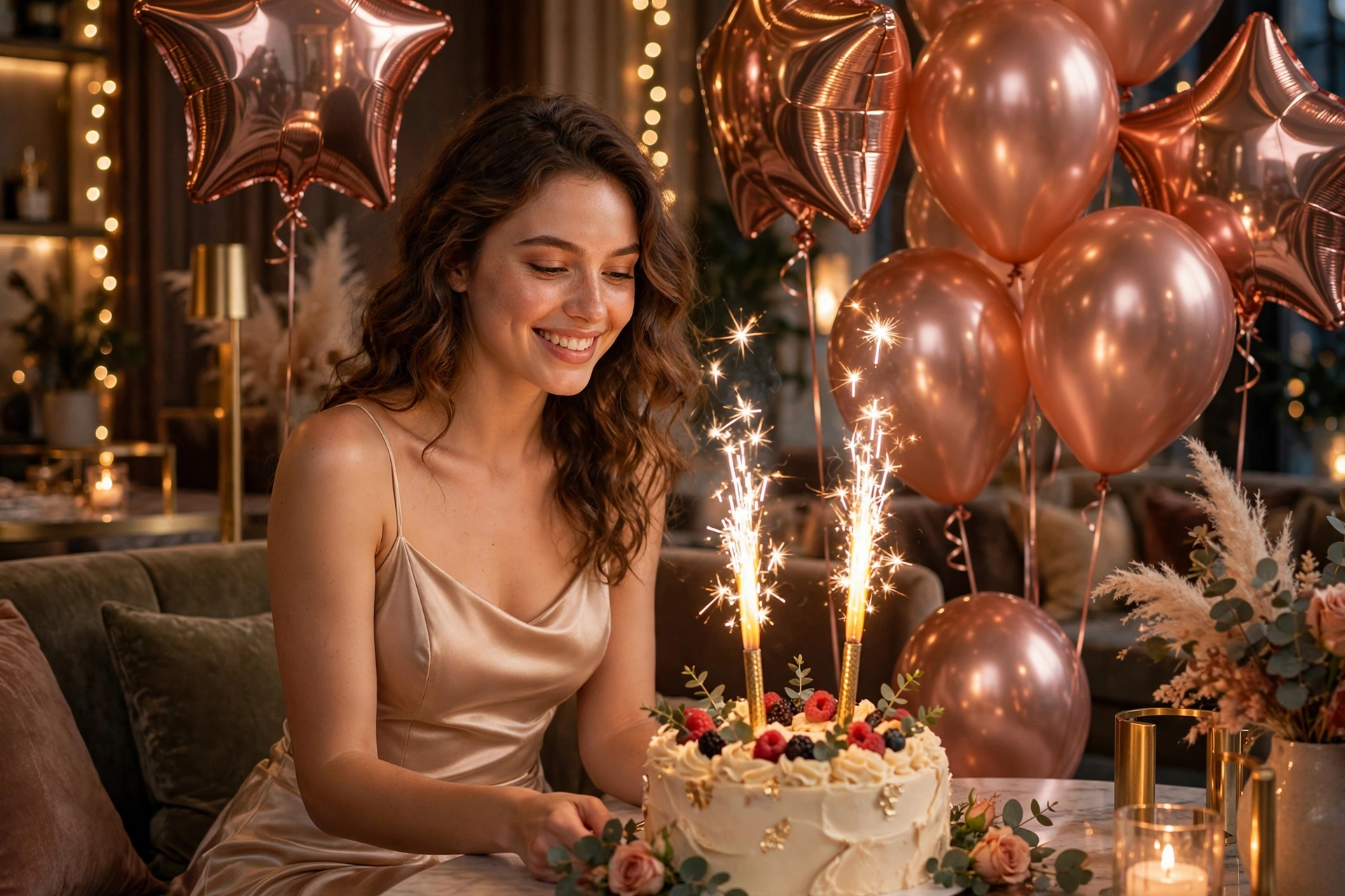 Create an ultra-realistic cinematic photograph of a young person celebrating a birthday in a room decorated with balloons in rose gold, a cake with sp