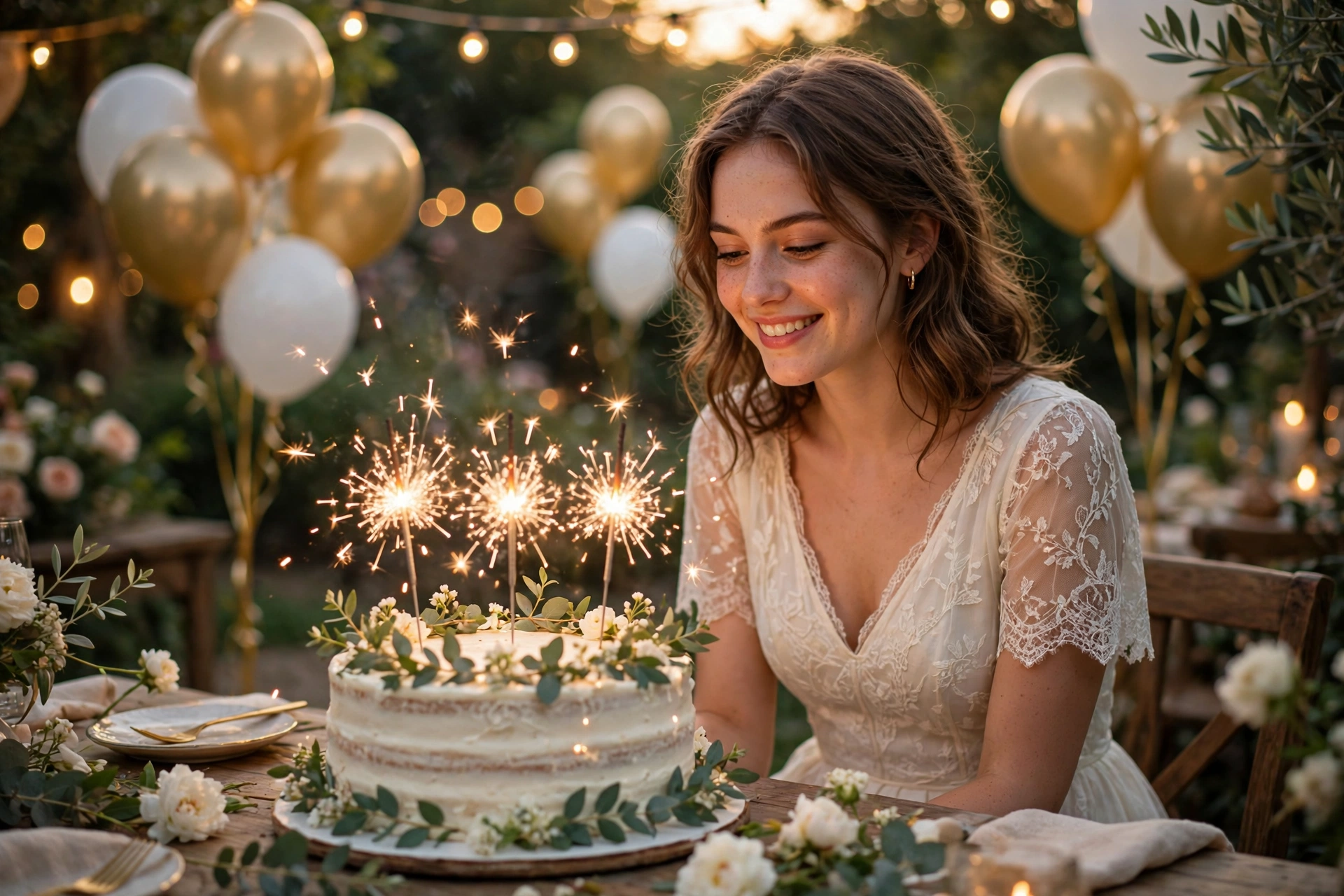 Create an ultra-realistic cinematic photograph of a young person celebrating a birthday in a room decorated with balloons in gold and white, a cake wi