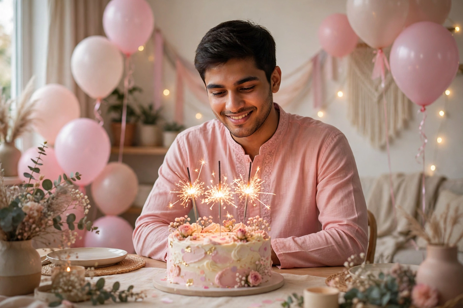 Create an ultra-realistic cinematic photograph of a young person celebrating a birthday in a room decorated with balloons in pastel pink, a cake with