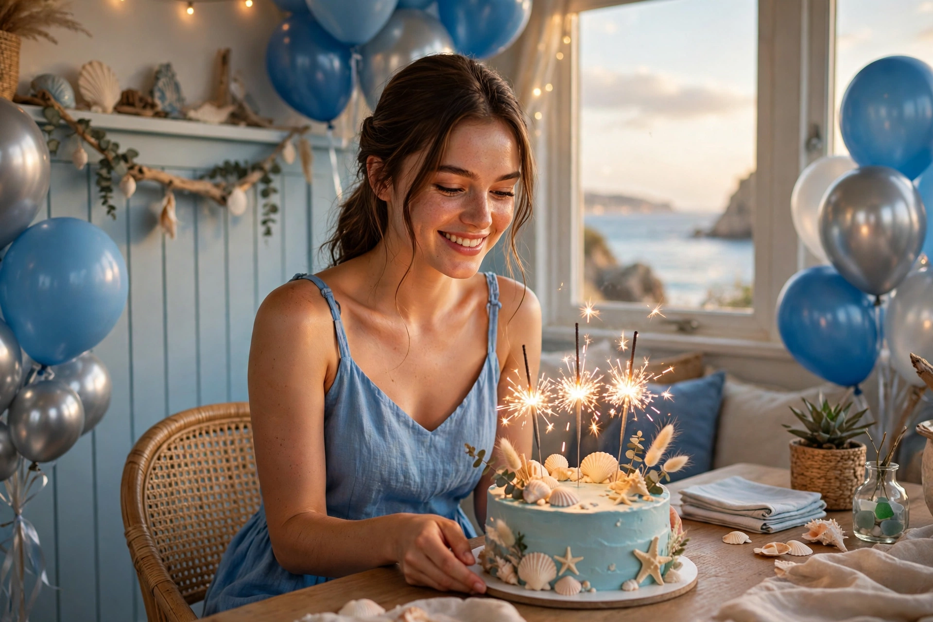 Create an ultra-realistic cinematic photograph of a young person celebrating a birthday in a room decorated with balloons in blue and silver, a cake w