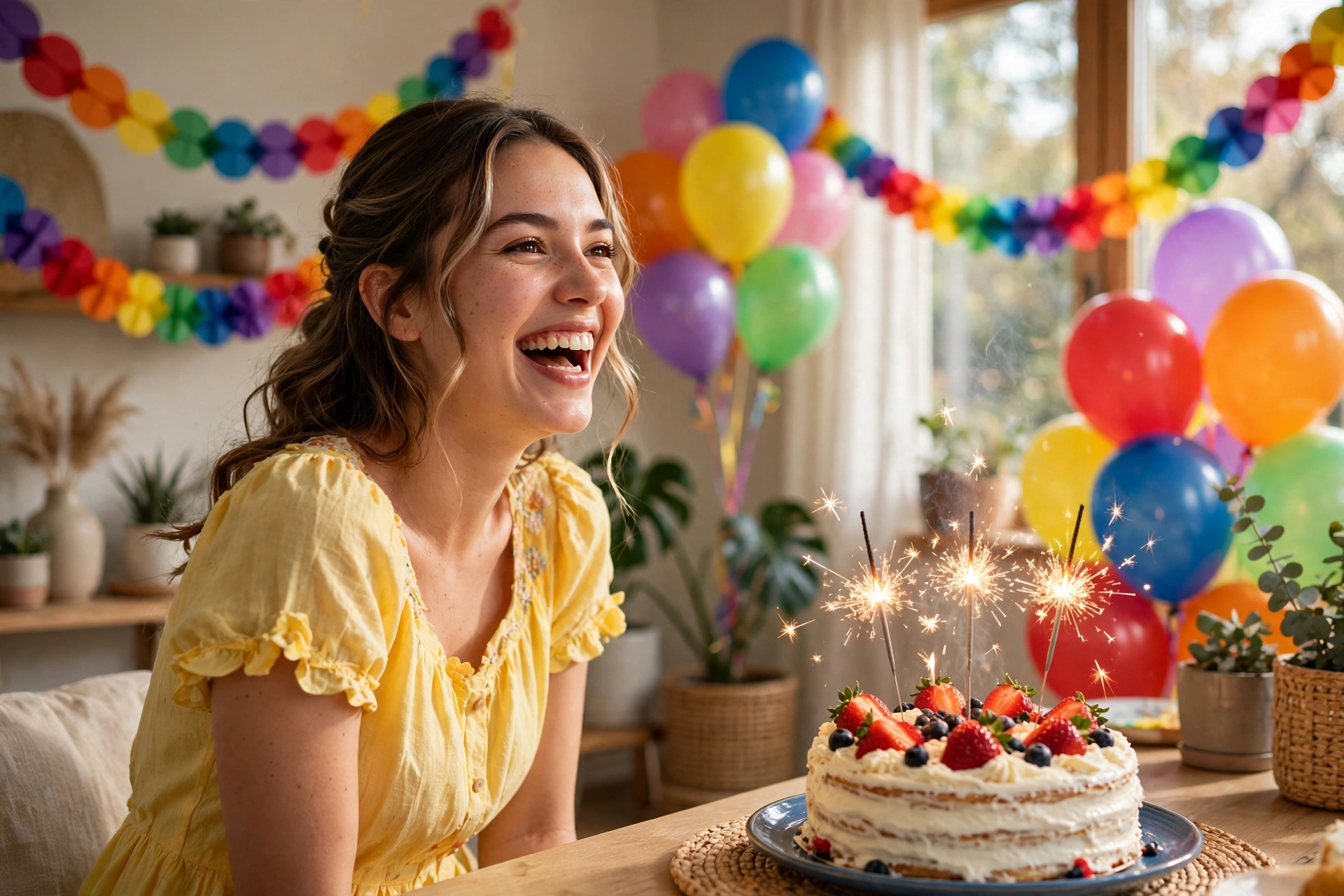 Create an ultra-realistic cinematic photograph of a young person celebrating a birthday in a room decorated with balloons in rainbow, a cake with spar