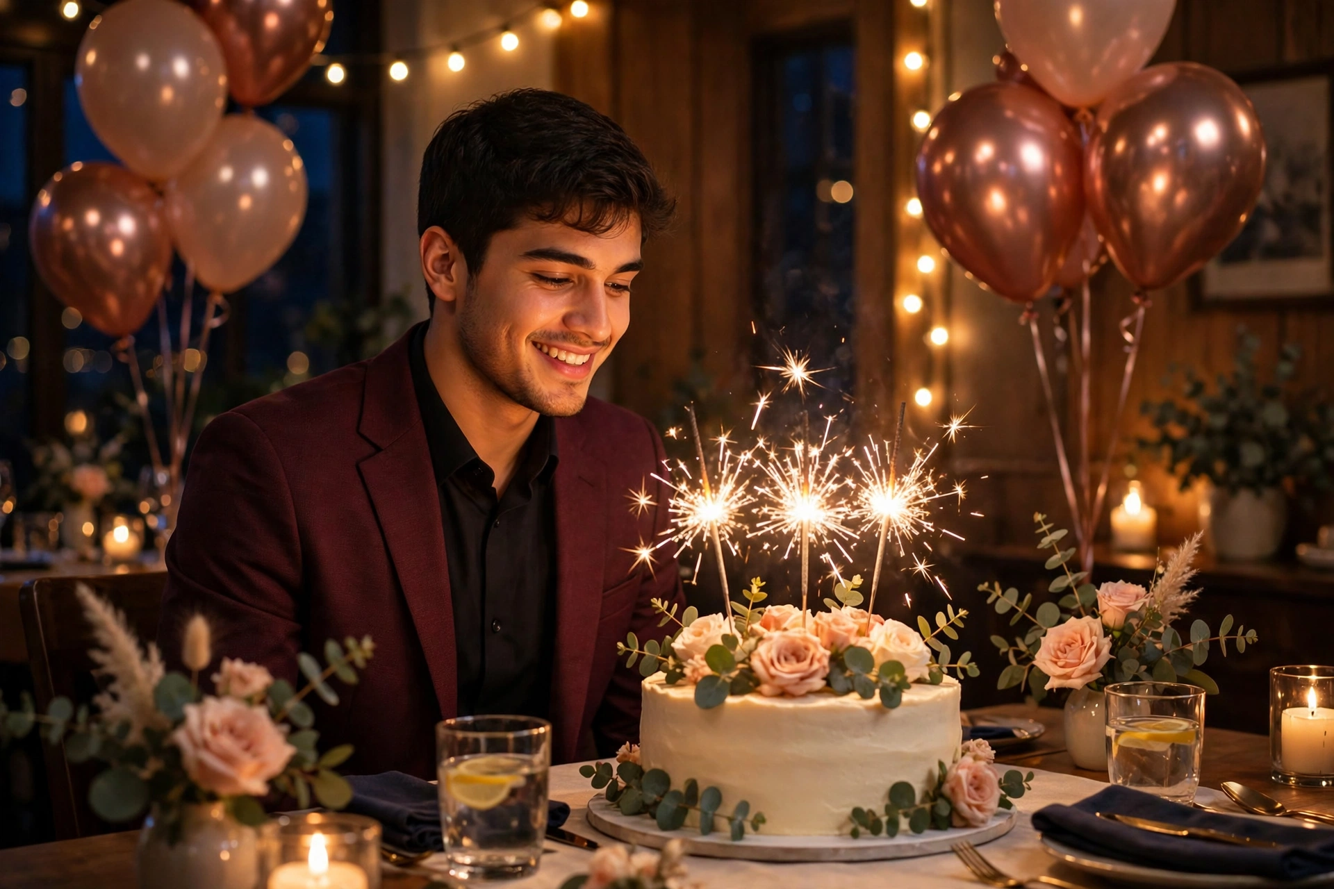 Create an ultra-realistic cinematic photograph of a young person celebrating a birthday in a room decorated with balloons in rose gold, a cake with sp