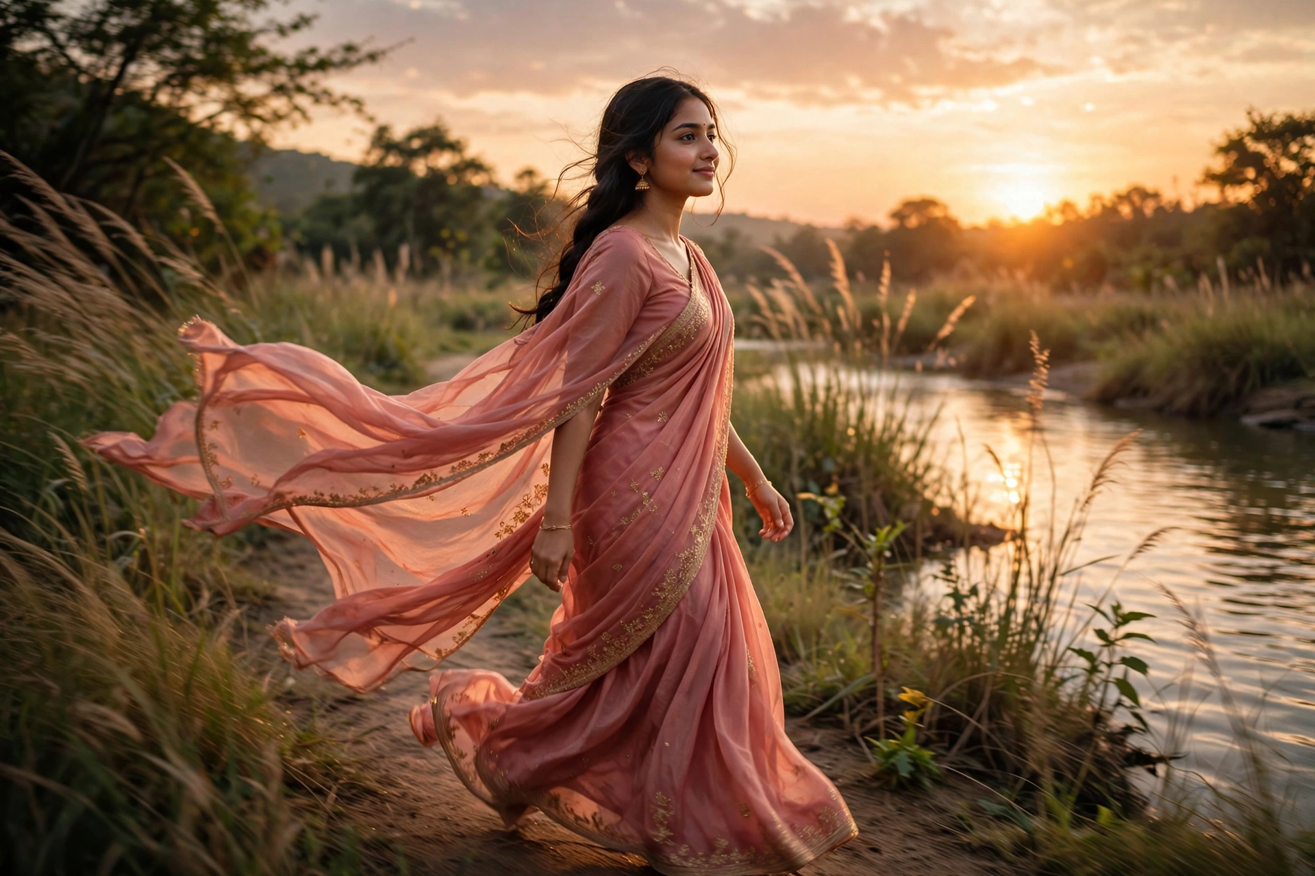 Create a cinematic AI video: a young woman in a saree walking along a riverside at sunset, fabric flowing, camera gliding beside her. Camera: slow cin