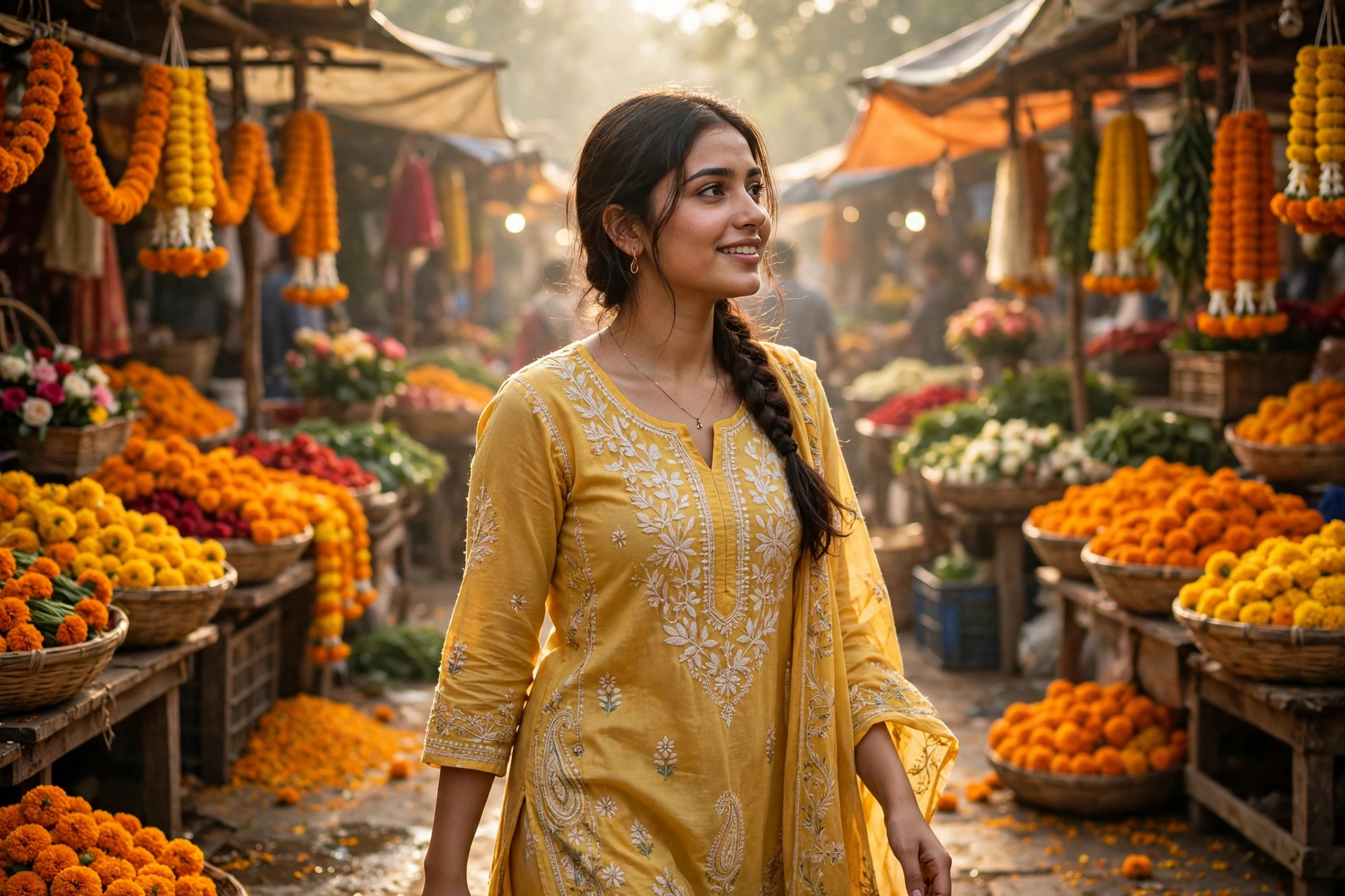 Create a cinematic AI video: a cinematic slow-motion scene of a young person walking through a flower market, camera moving smoothly, warm light, expr