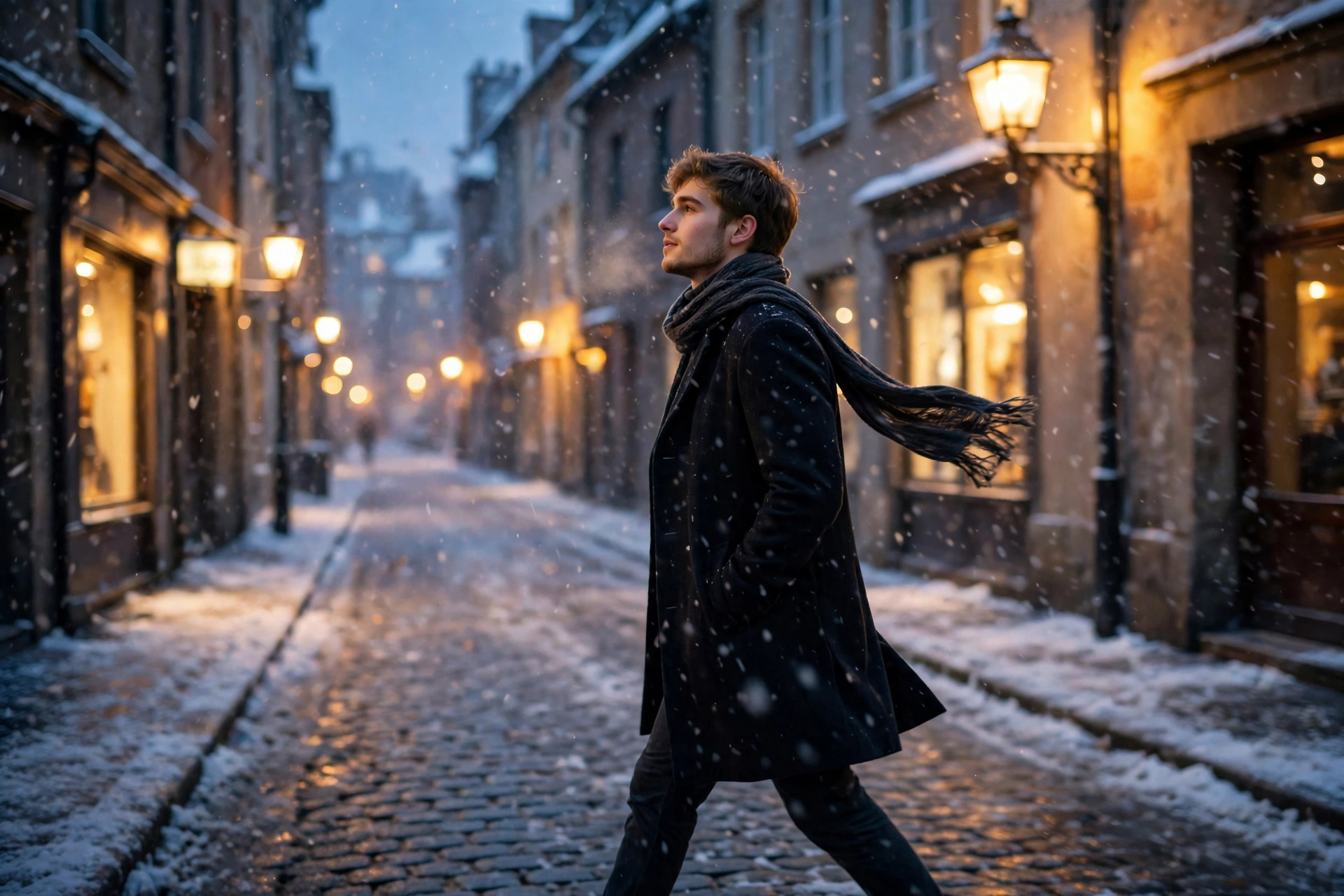 Create a cinematic AI video: a cinematic slow-motion scene of a young person walking through a snowy lane, camera moving smoothly, warm light, express