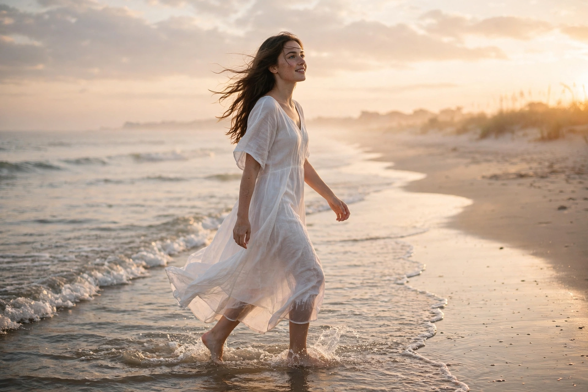 Create a cinematic AI video: a cinematic slow-motion scene of a young person walking through a beach at dawn, camera moving smoothly, warm light, expr