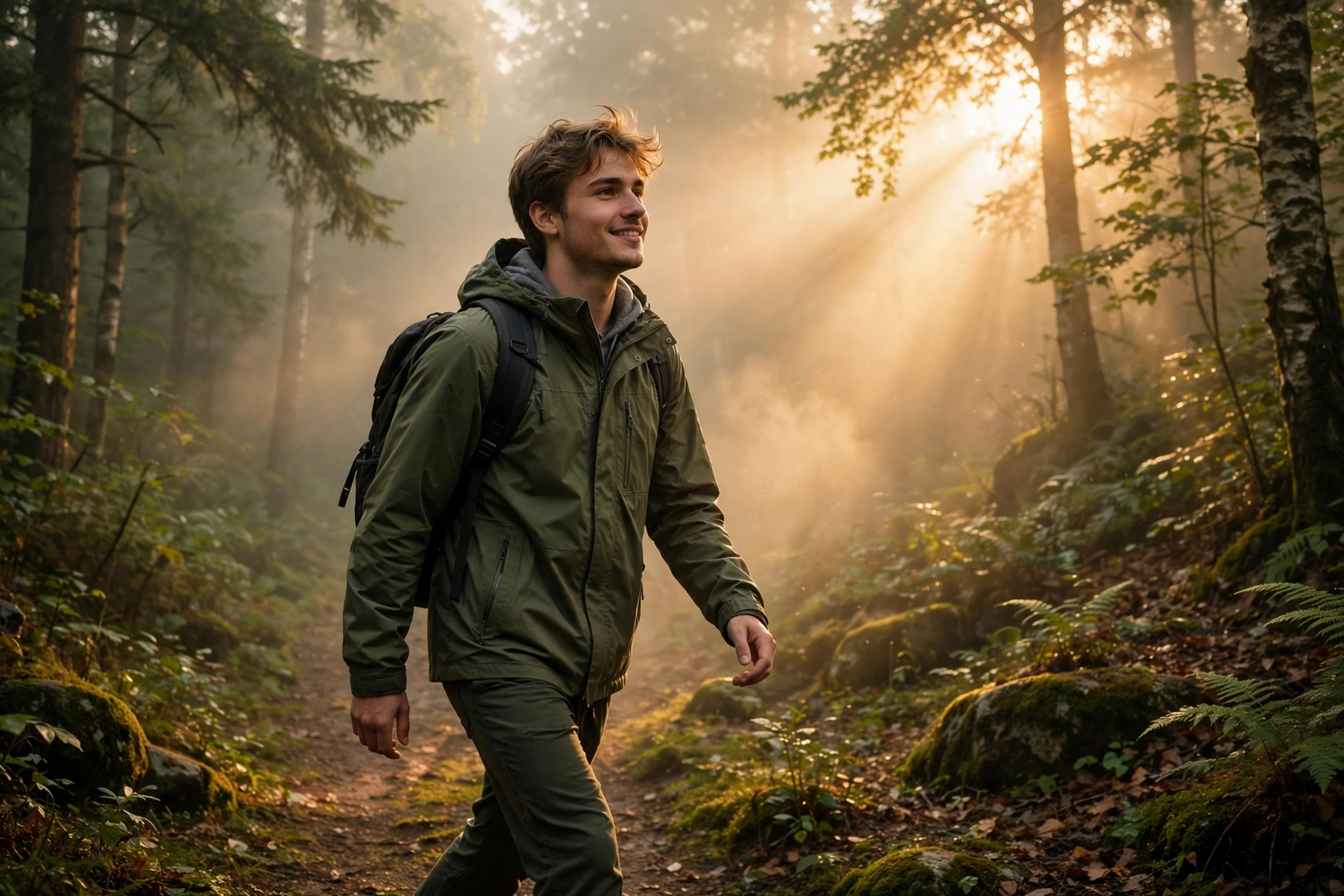 Create a cinematic AI video: a cinematic slow-motion scene of a young person walking through a forest path, camera moving smoothly, warm light, expres
