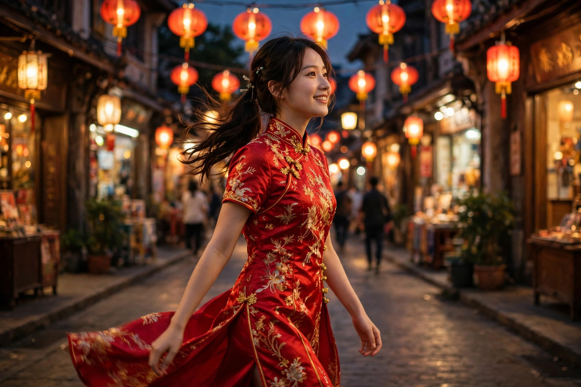 Create a cinematic AI video: a cinematic slow-motion scene of a young person walking through a festive street, camera moving smoothly, warm light, exp