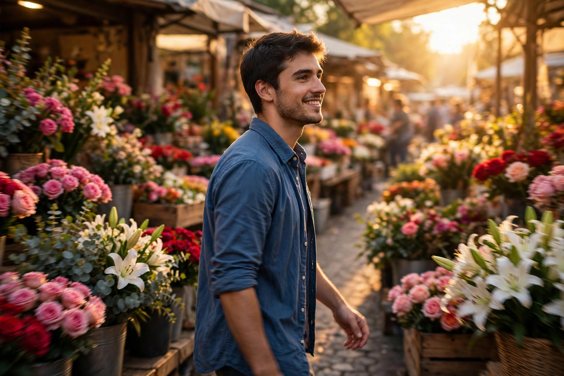 Create a cinematic AI video: a cinematic slow-motion scene of a young person walking through a flower market, camera moving smoothly, warm light, expr