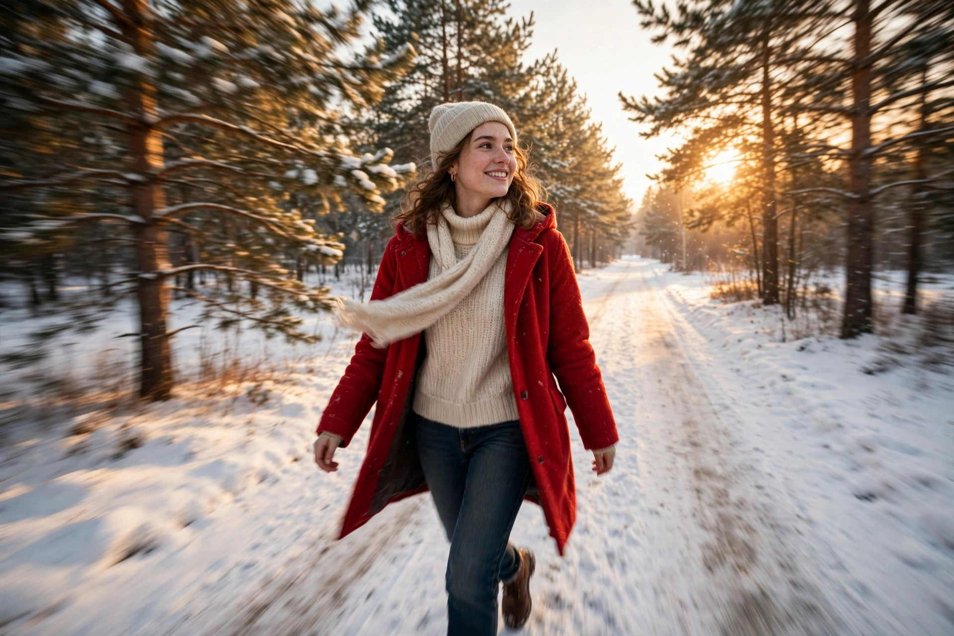 Create a cinematic AI video: a cinematic slow-motion scene of a young person walking through a snowy lane, camera moving smoothly, warm light, express