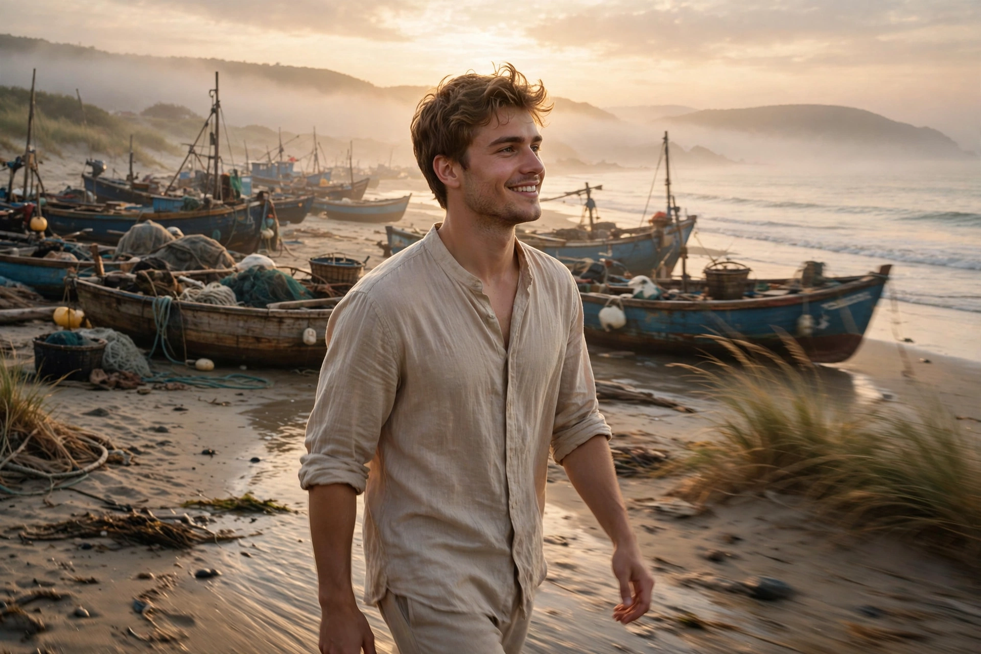 Create a cinematic AI video: a cinematic slow-motion scene of a young person walking through a beach at dawn, camera moving smoothly, warm light, expr