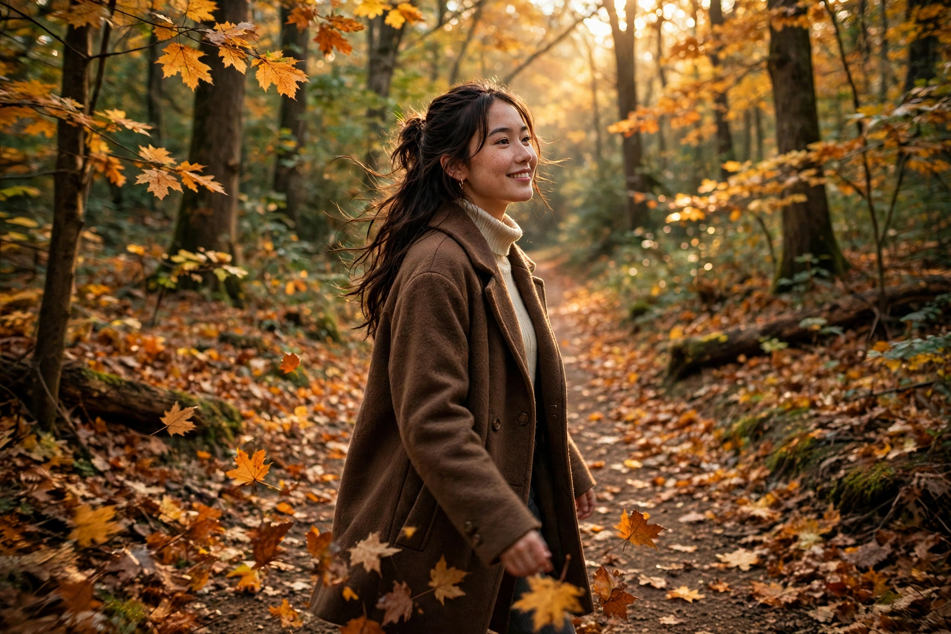 Create a cinematic AI video: a cinematic slow-motion scene of a young person walking through a forest path, camera moving smoothly, warm light, expres