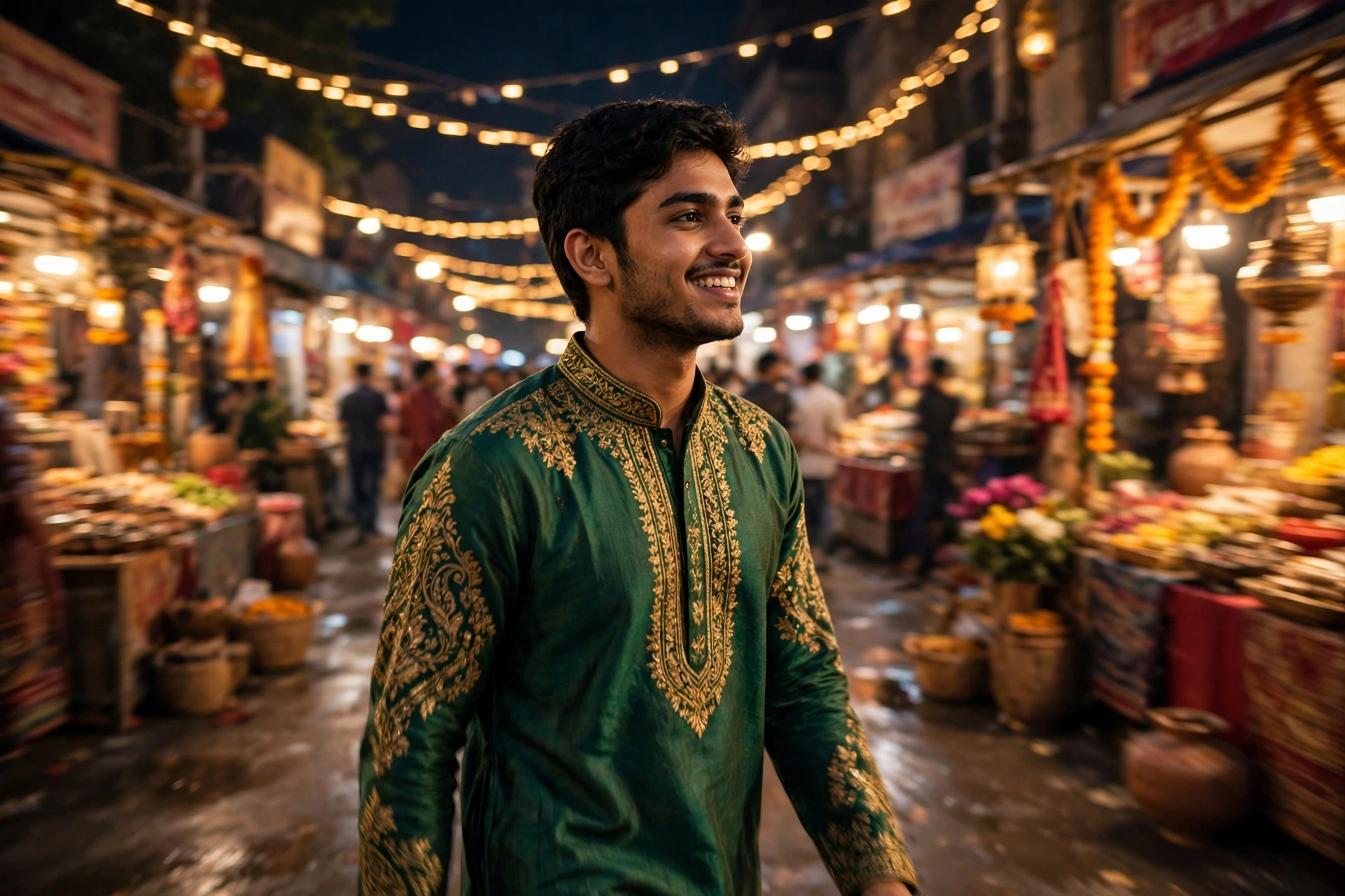 Create a cinematic AI video: a cinematic slow-motion scene of a young person walking through a festive street, camera moving smoothly, warm light, exp