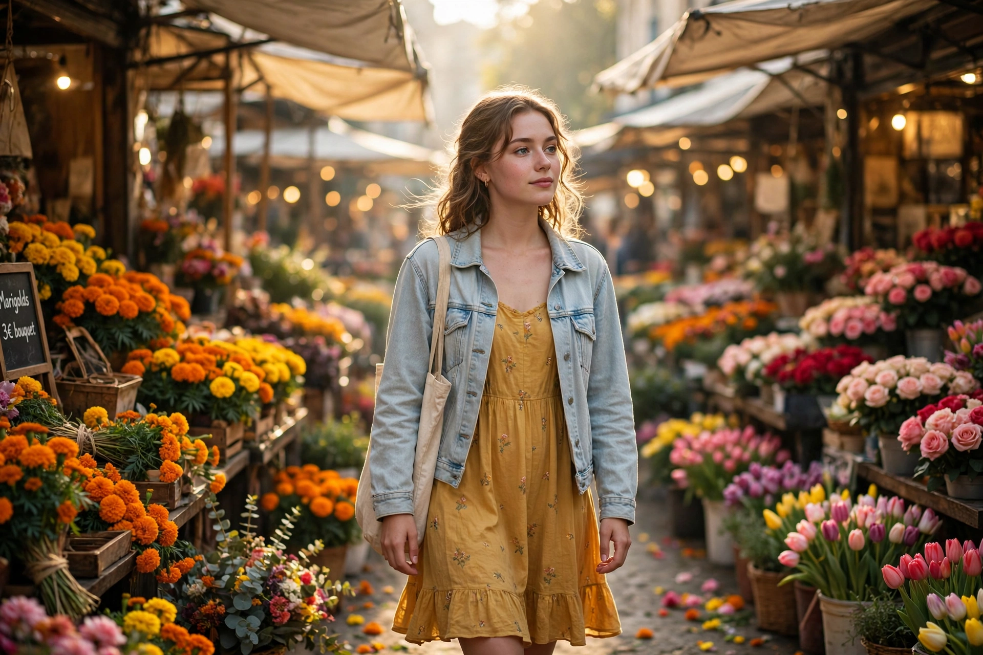 Create a cinematic AI video: a cinematic slow-motion scene of a young person walking through a flower market, camera moving smoothly, warm light, expr