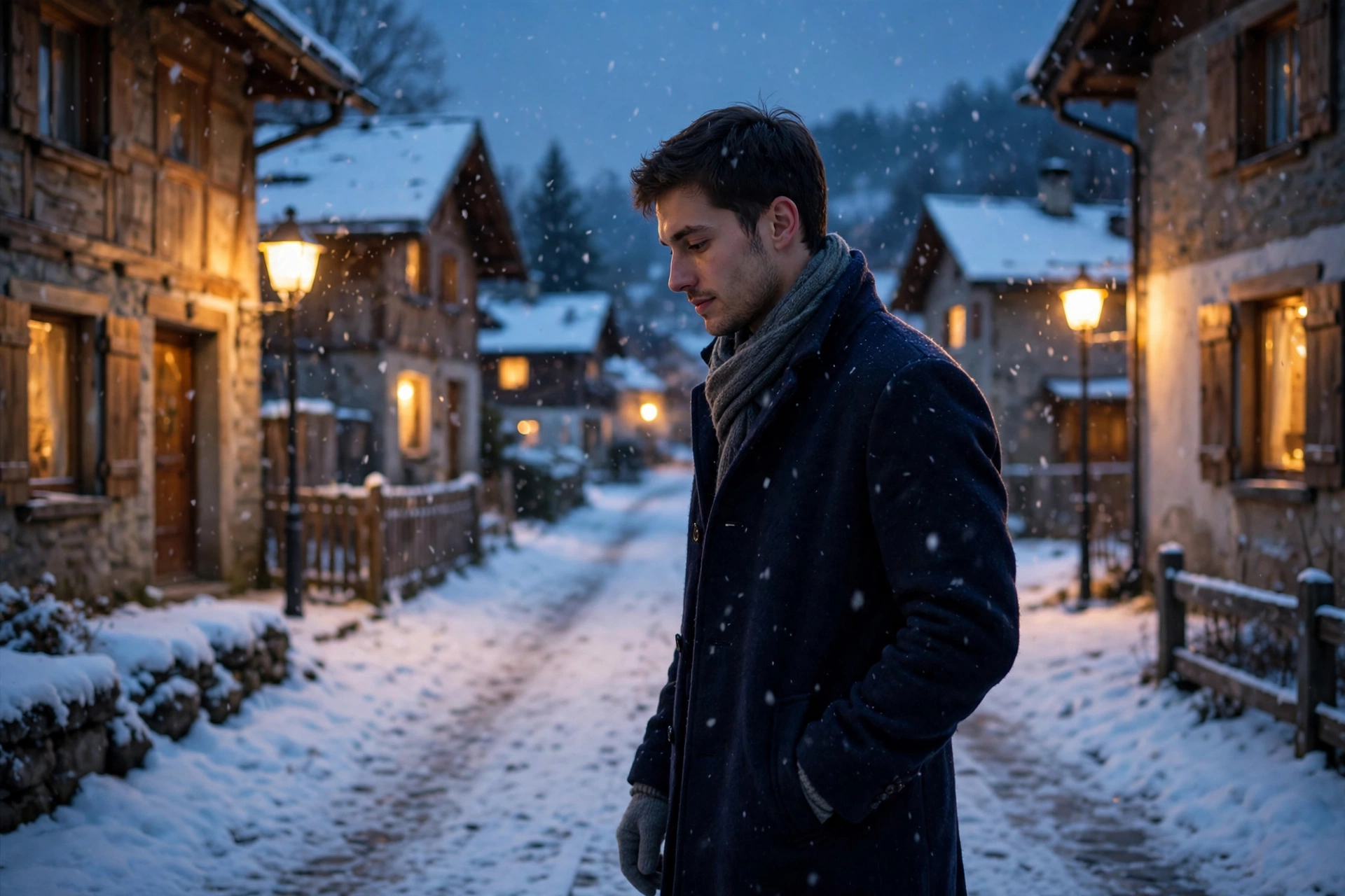 Create a cinematic AI video: a cinematic slow-motion scene of a young person walking through a snowy lane, camera moving smoothly, warm light, express