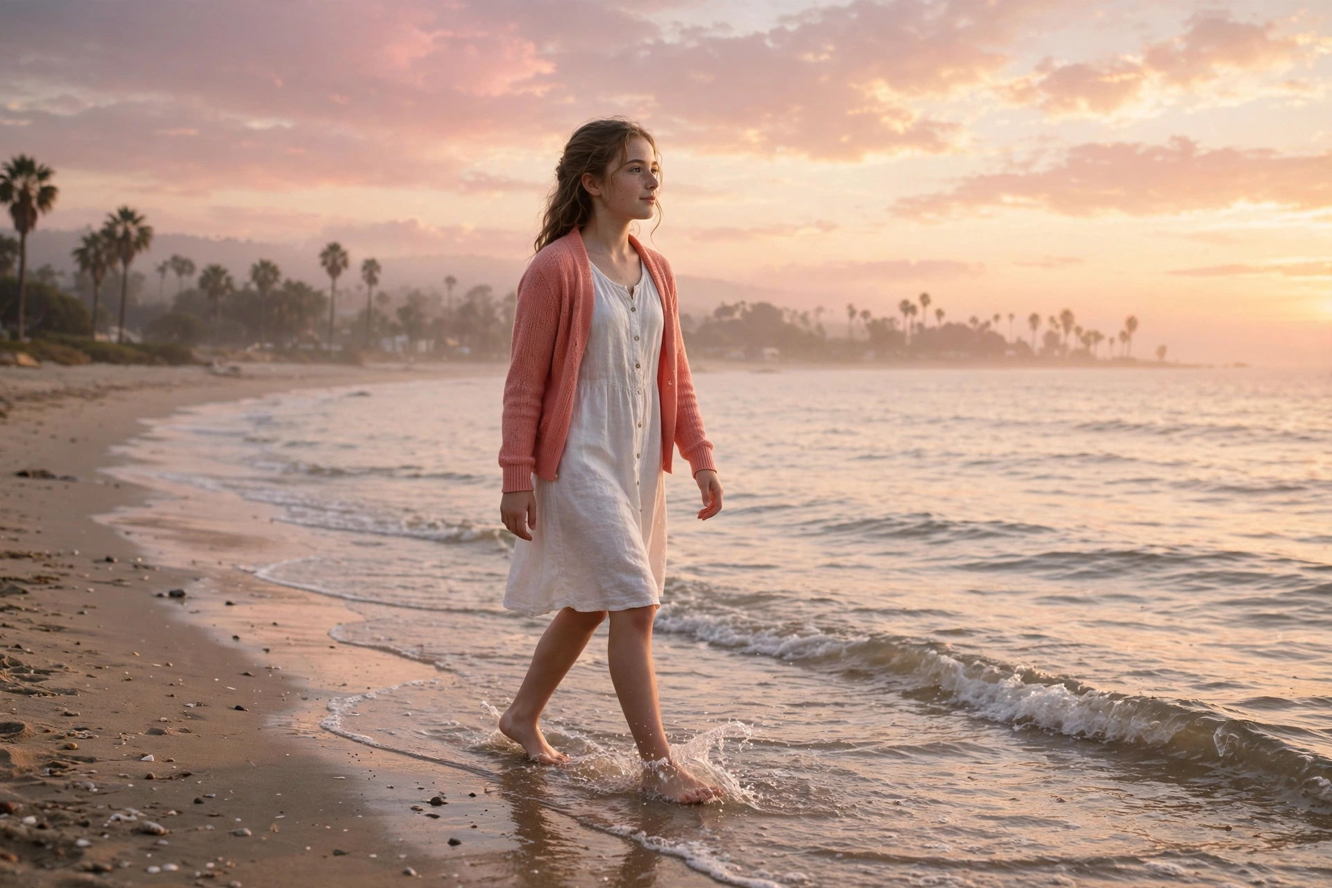 Create a cinematic AI video: a cinematic slow-motion scene of a young person walking through a beach at dawn, camera moving smoothly, warm light, expr