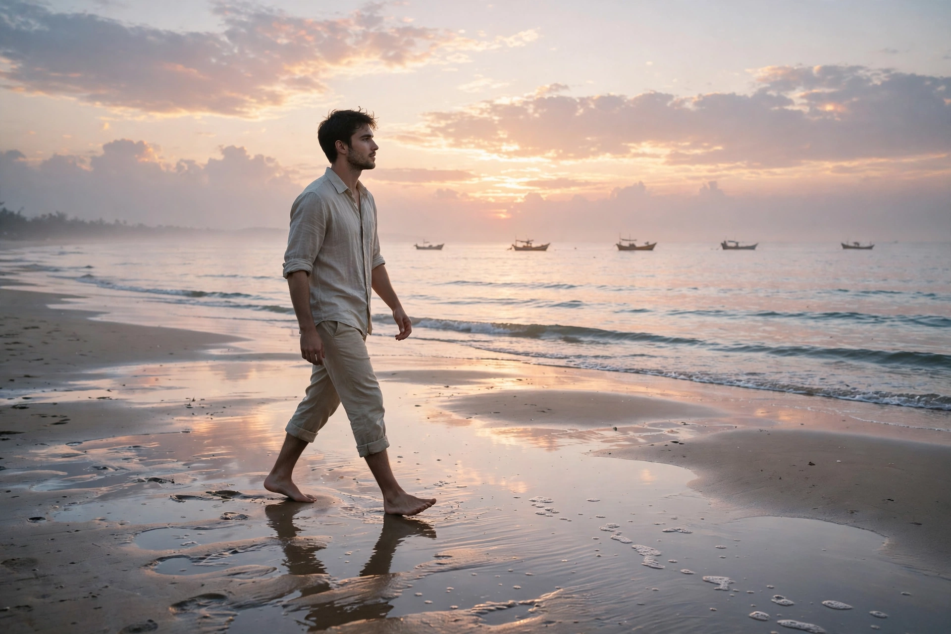 Create a cinematic AI video: a cinematic slow-motion scene of a young person walking through a beach at dawn, camera moving smoothly, warm light, expr