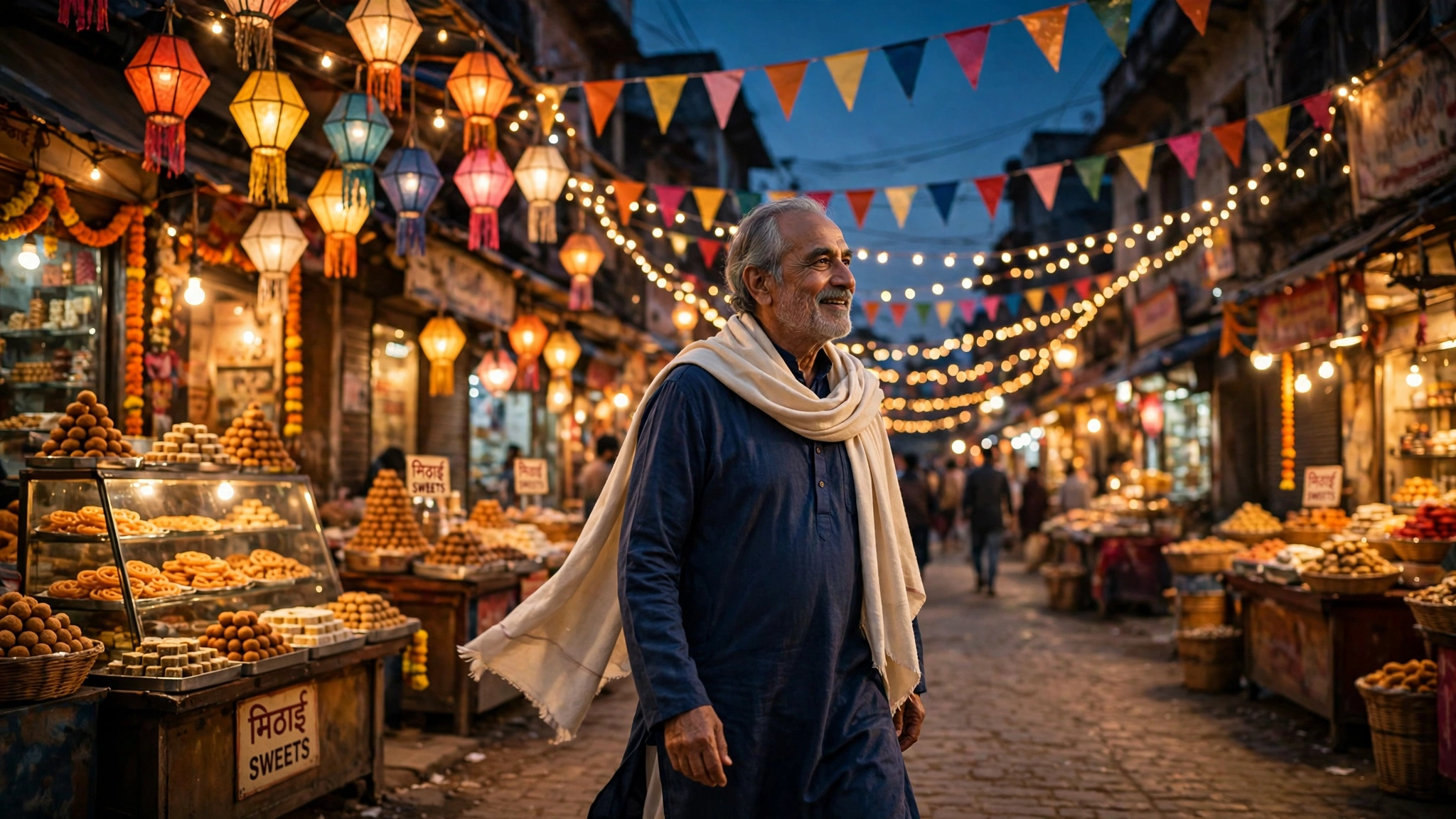 Create a cinematic AI video: a cinematic slow-motion scene of a young person walking through a festive street, camera moving smoothly, warm light, exp