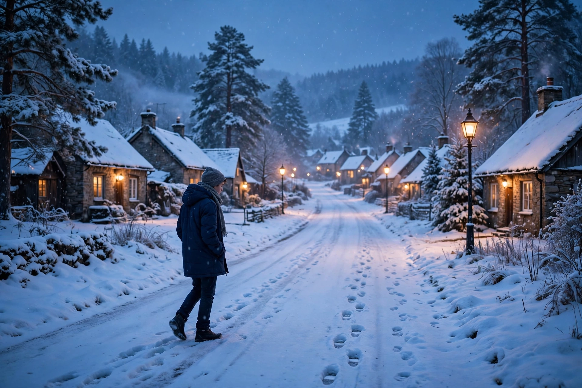 Create a cinematic AI video: a cinematic slow-motion scene of a young person walking through a snowy lane, camera moving smoothly, warm light, express