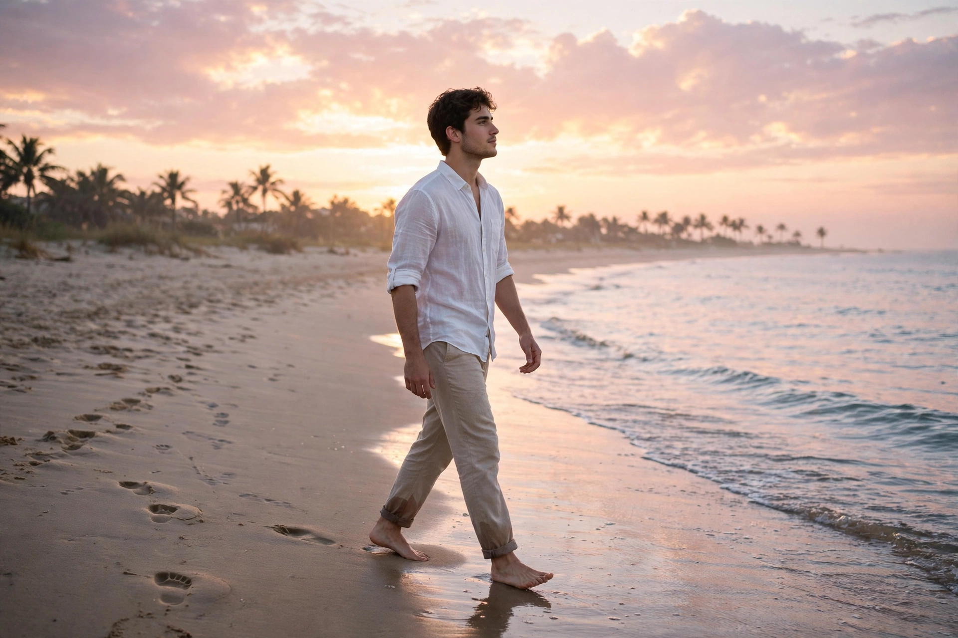 Create a cinematic AI video: a cinematic slow-motion scene of a young person walking through a beach at dawn, camera moving smoothly, warm light, expr