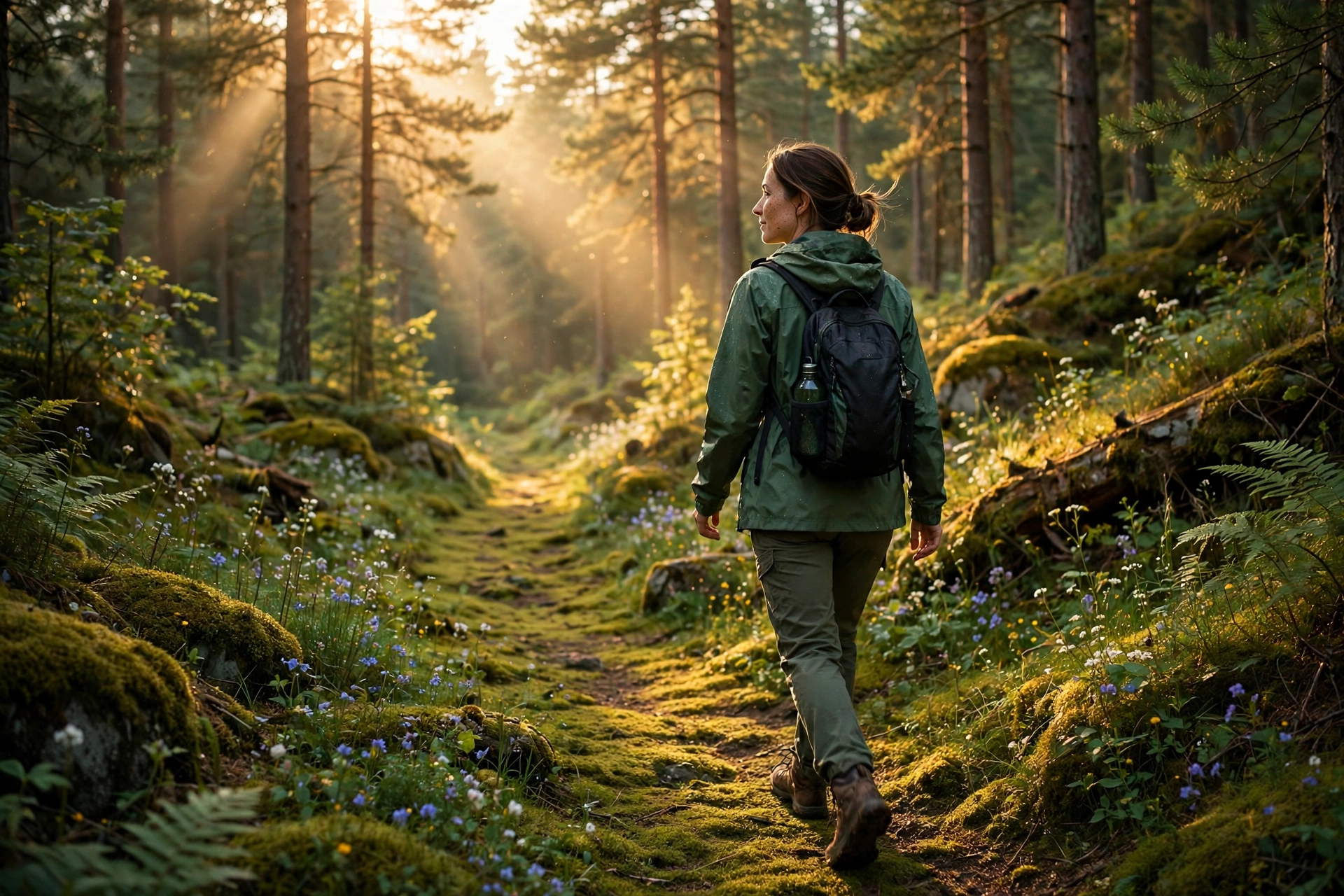 Create a cinematic AI video: a cinematic slow-motion scene of a young person walking through a forest path, camera moving smoothly, warm light, expres