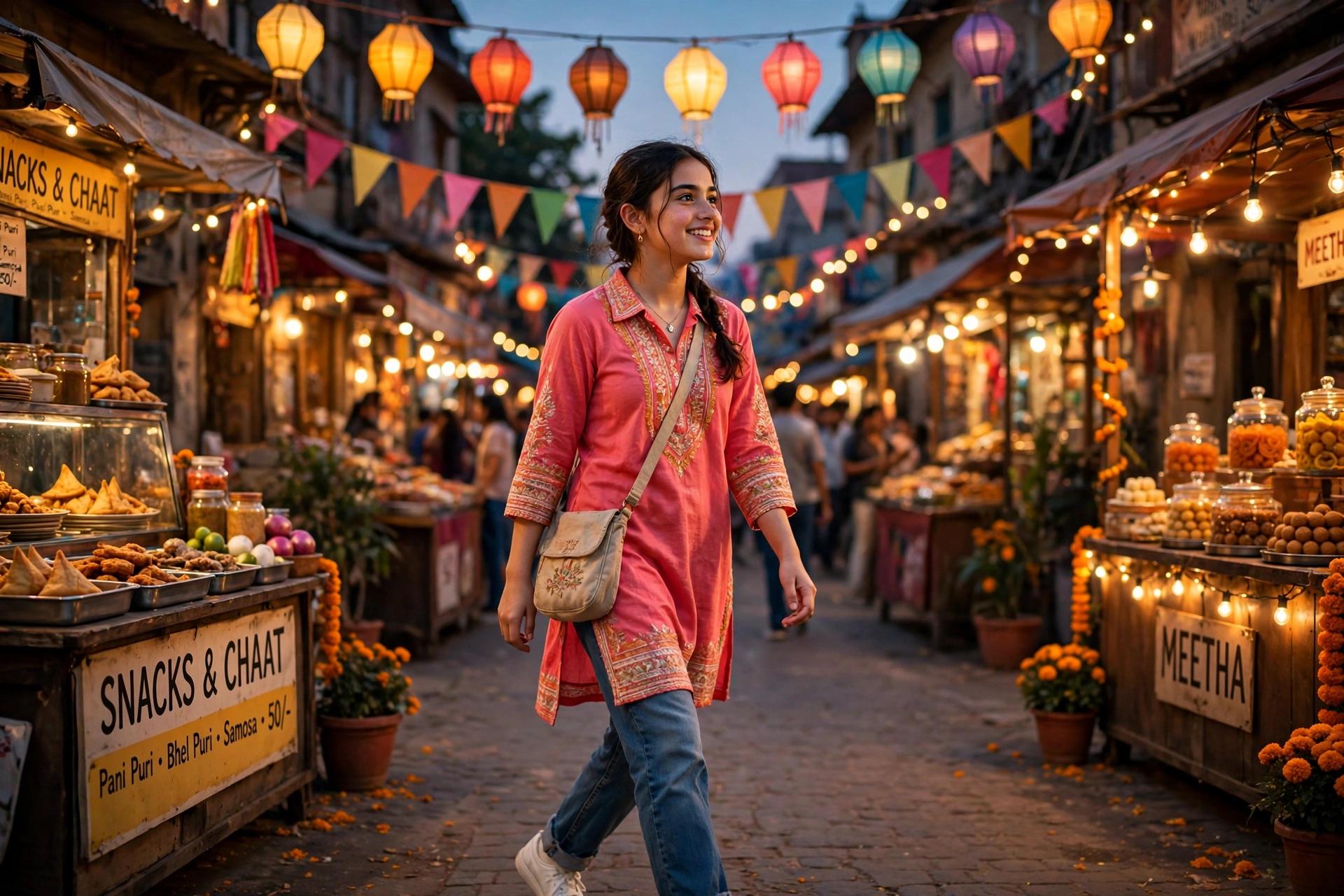 Create a cinematic AI video: a cinematic slow-motion scene of a young person walking through a festive street, camera moving smoothly, warm light, exp