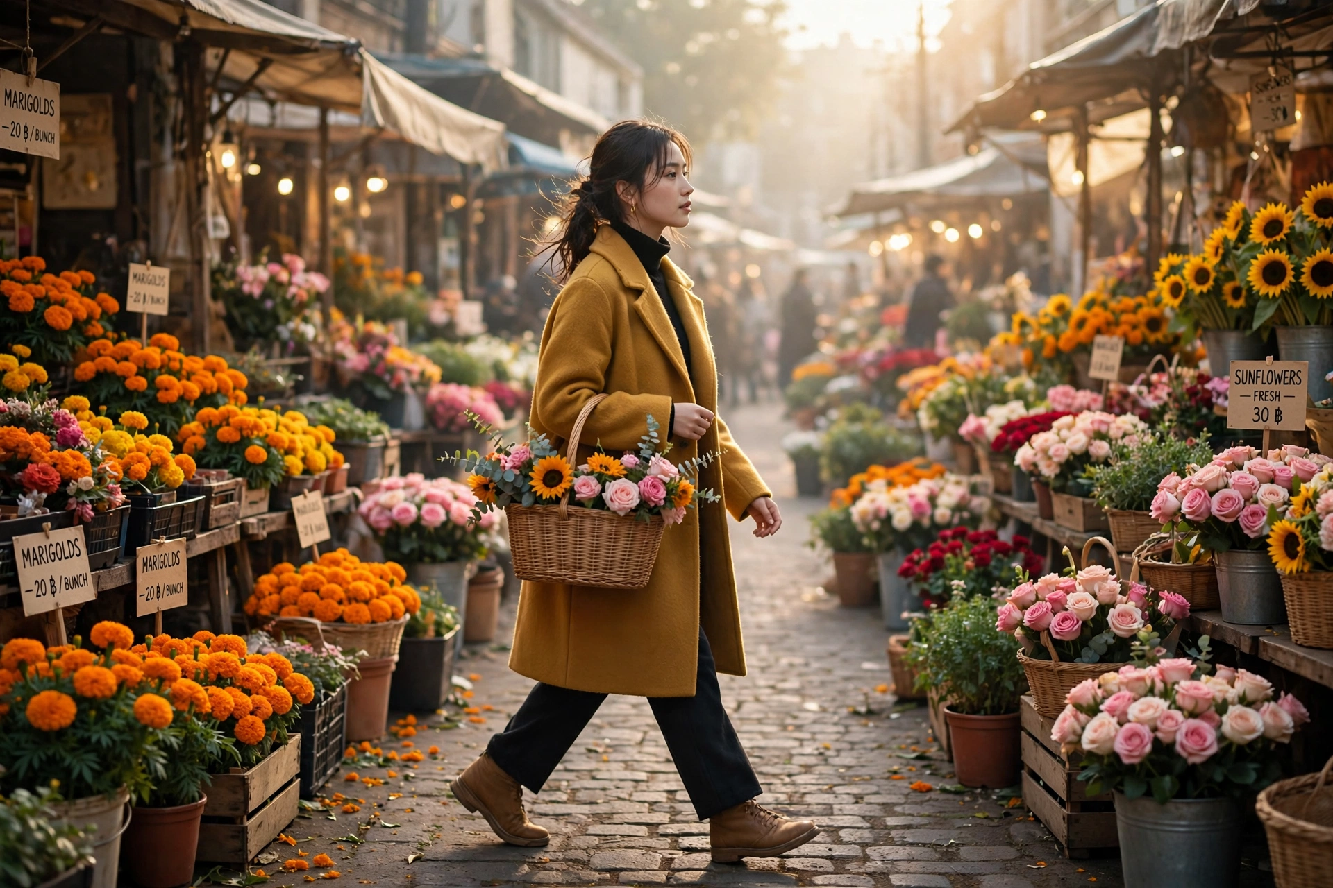 Create a cinematic AI video: a cinematic slow-motion scene of a young person walking through a flower market, camera moving smoothly, warm light, expr