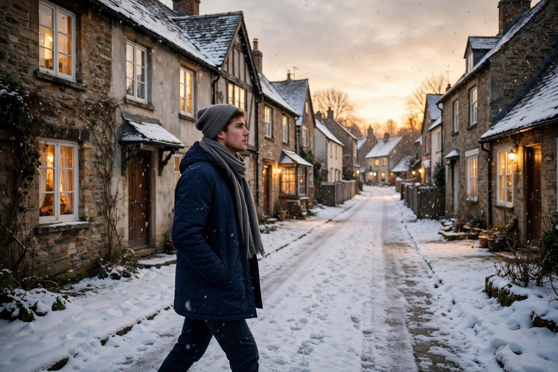 Create a cinematic AI video: a cinematic slow-motion scene of a young person walking through a snowy lane, camera moving smoothly, warm light, express