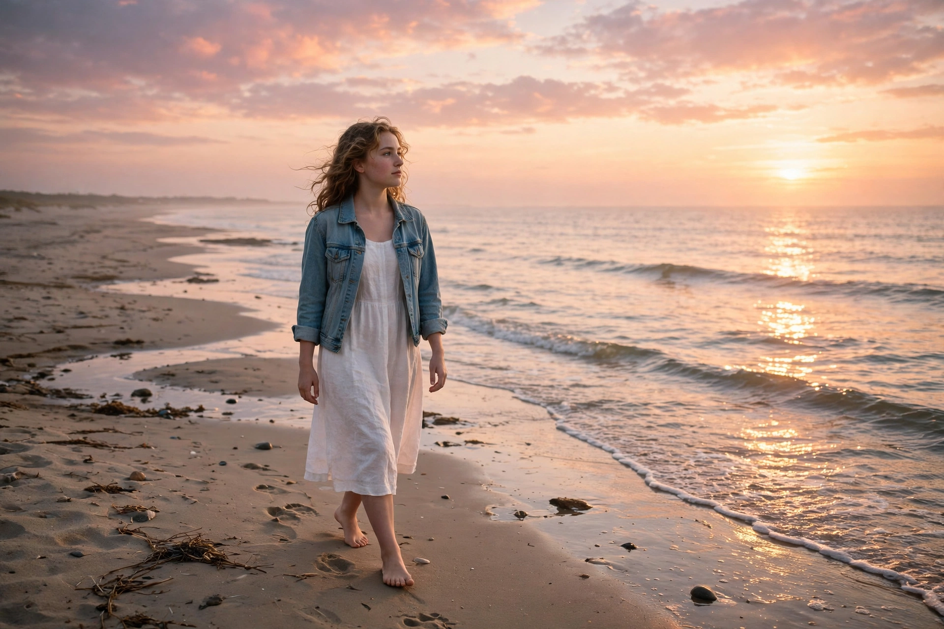 Create a cinematic AI video: a cinematic slow-motion scene of a young person walking through a beach at dawn, camera moving smoothly, warm light, expr