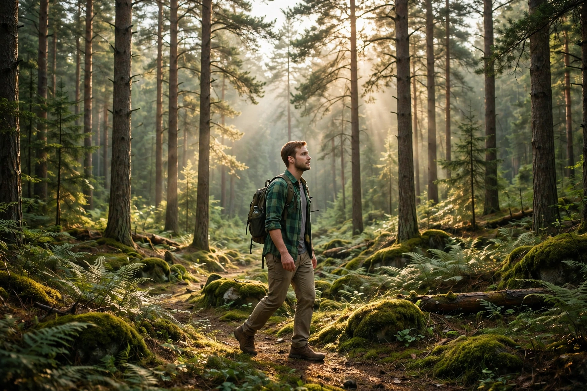 Create a cinematic AI video: a cinematic slow-motion scene of a young person walking through a forest path, camera moving smoothly, warm light, expres