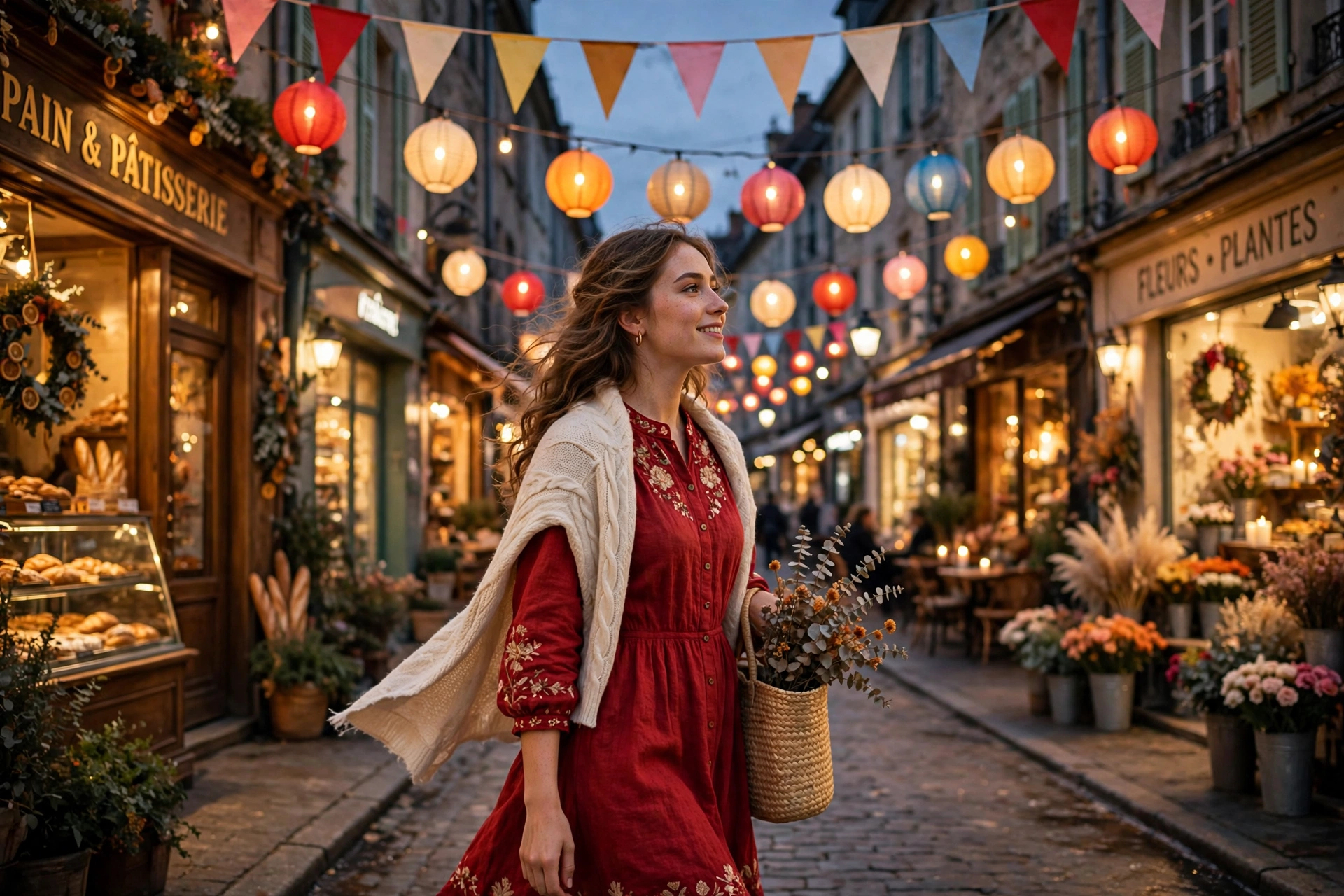 Create a cinematic AI video: a cinematic slow-motion scene of a young person walking through a festive street, camera moving smoothly, warm light, exp