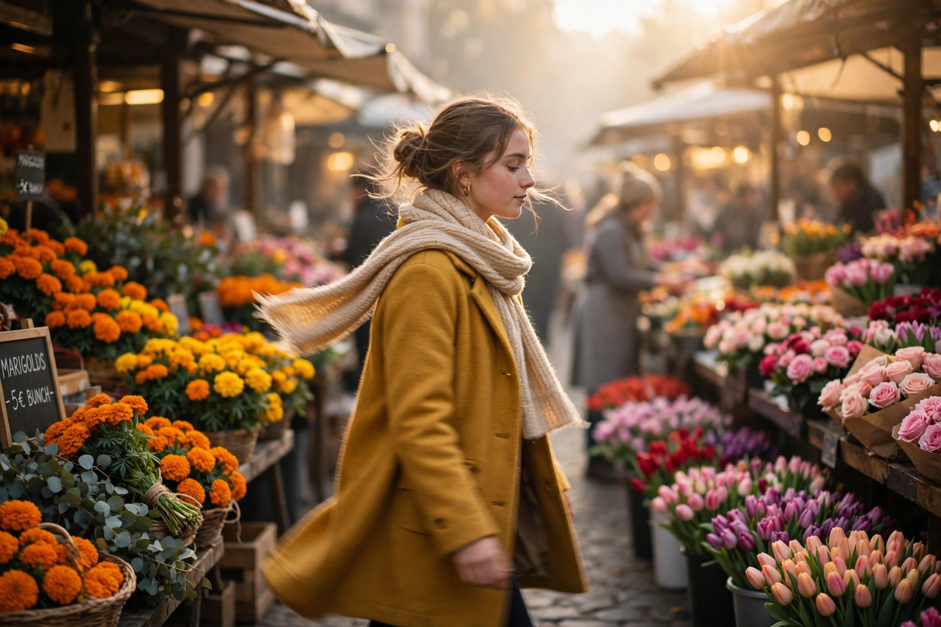 Create a cinematic AI video: a cinematic slow-motion scene of a young person walking through a flower market, camera moving smoothly, warm light, expr