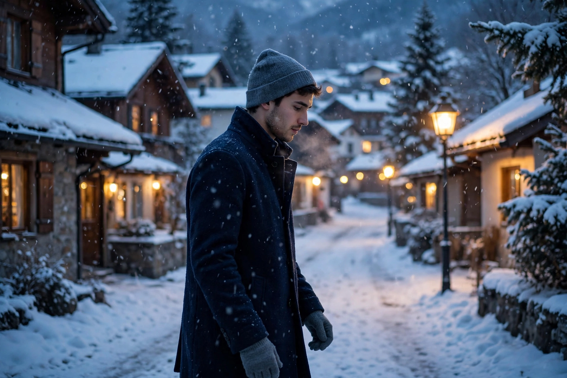Create a cinematic AI video: a cinematic slow-motion scene of a young person walking through a snowy lane, camera moving smoothly, warm light, express