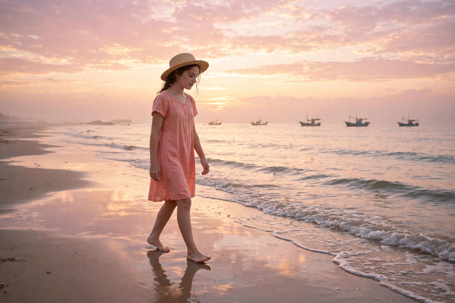 Create a cinematic AI video: a cinematic slow-motion scene of a young person walking through a beach at dawn, camera moving smoothly, warm light, expr