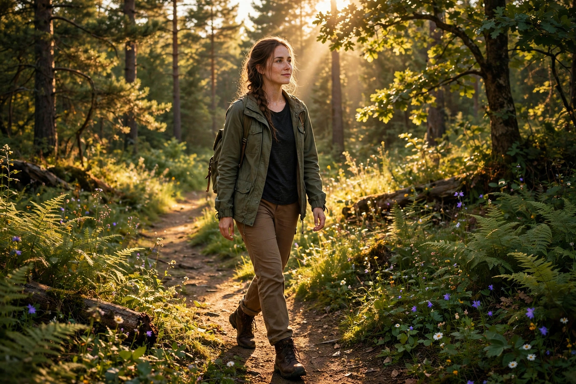 Create a cinematic AI video: a cinematic slow-motion scene of a young person walking through a forest path, camera moving smoothly, warm light, expres