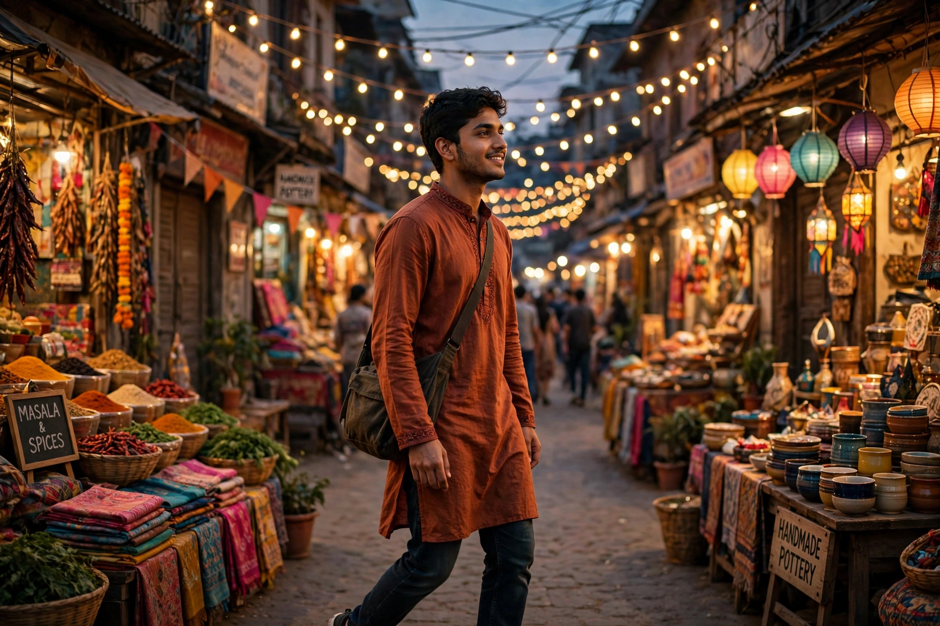 Create a cinematic AI video: a cinematic slow-motion scene of a young person walking through a festive street, camera moving smoothly, warm light, exp