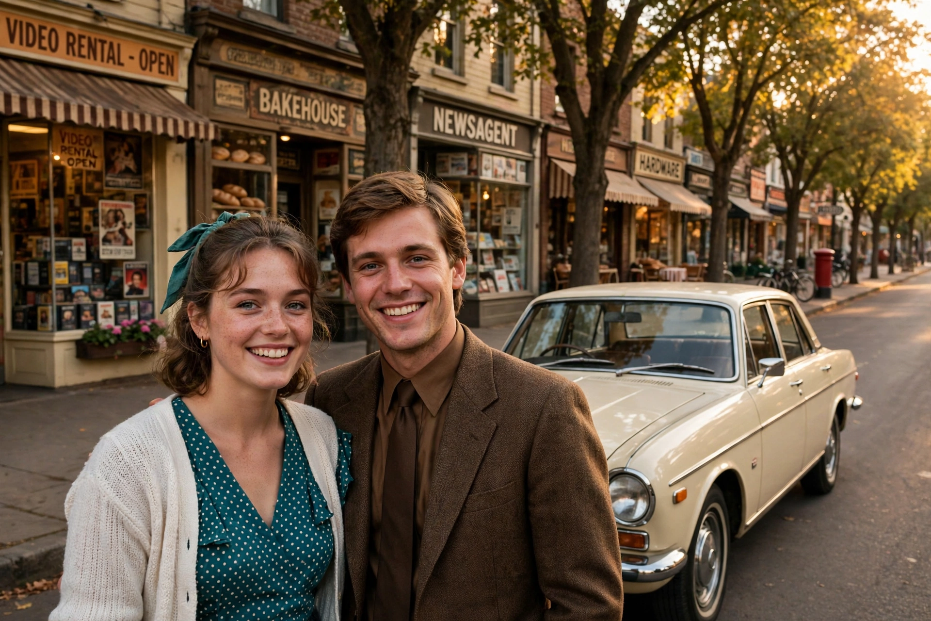 Create an ultra-realistic cinematic photograph of a couple in 1980s style attire posing in front of a classic car, film-grain retro look, warm nostalg
