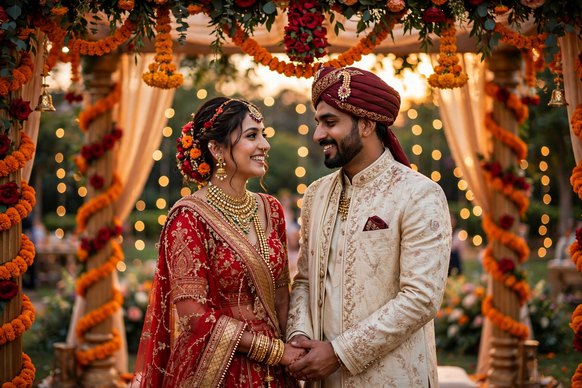 Create an ultra-realistic cinematic photograph of a bride in a traditional embroidered lehenga and groom in a sherwani standing in a flower-decorated