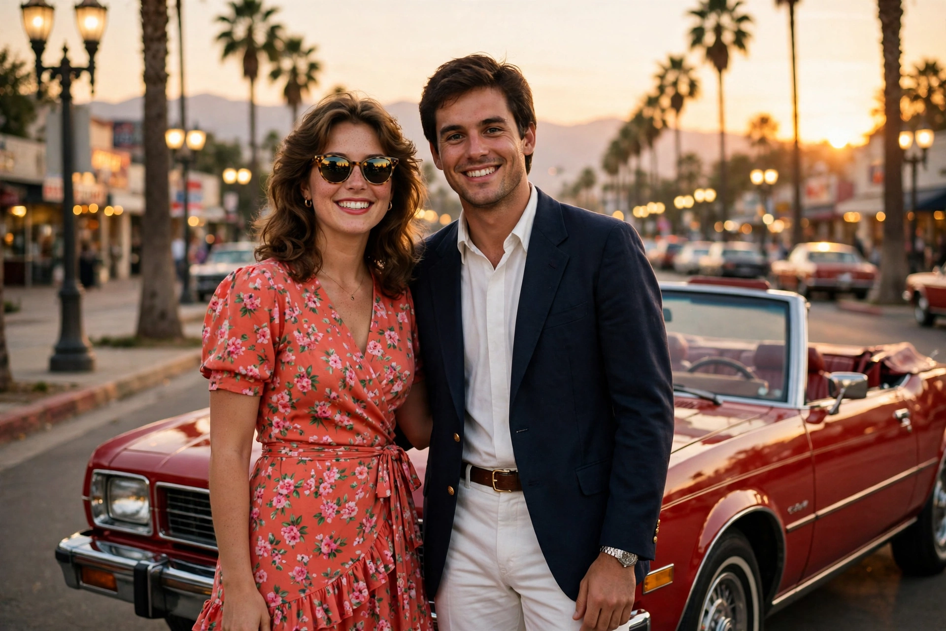 Create an ultra-realistic cinematic photograph of a couple in 1980s style attire posing in front of a classic car, film-grain retro look, warm nostalg