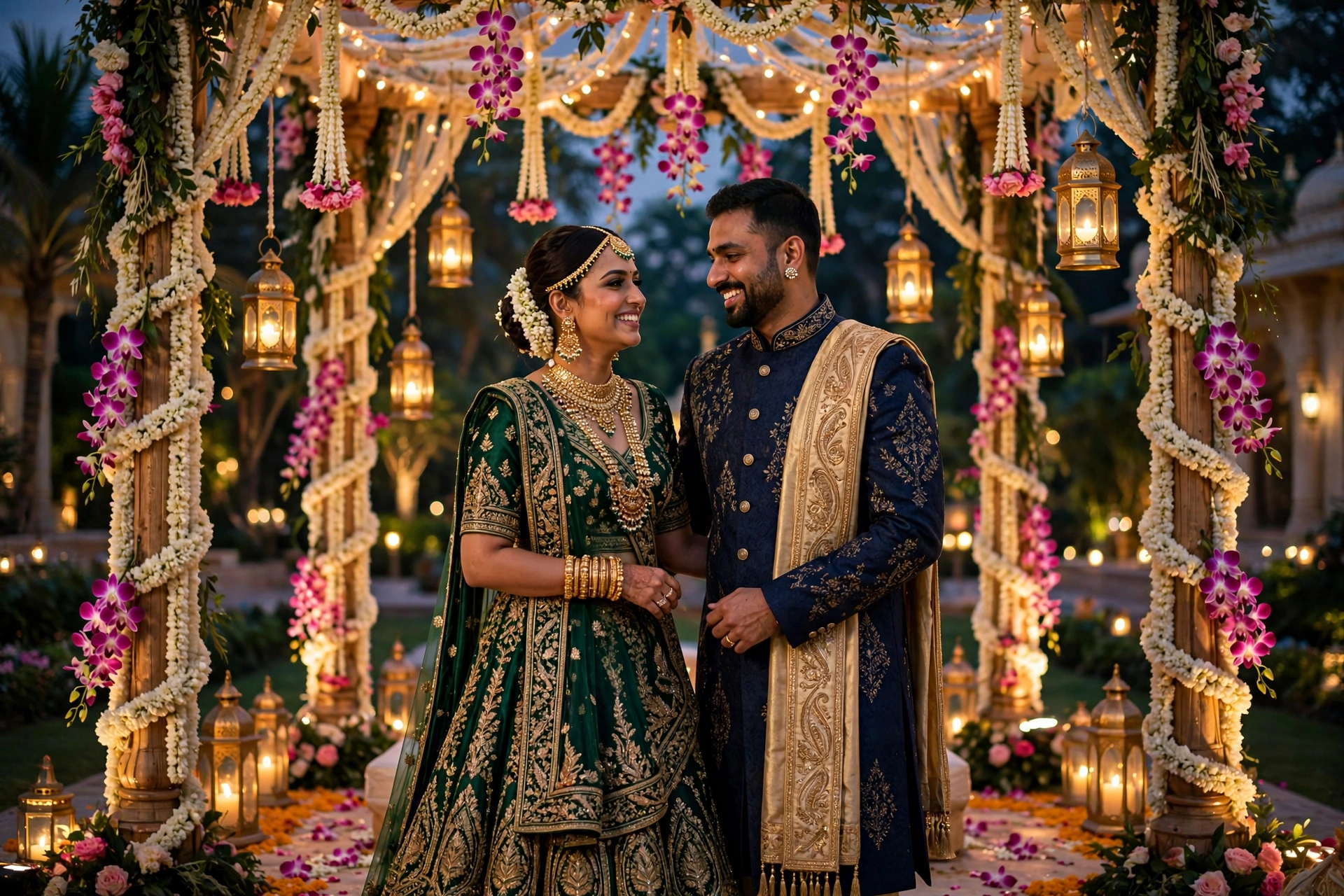 Create an ultra-realistic cinematic photograph of a bride in a traditional embroidered lehenga and groom in a sherwani standing in a flower-decorated