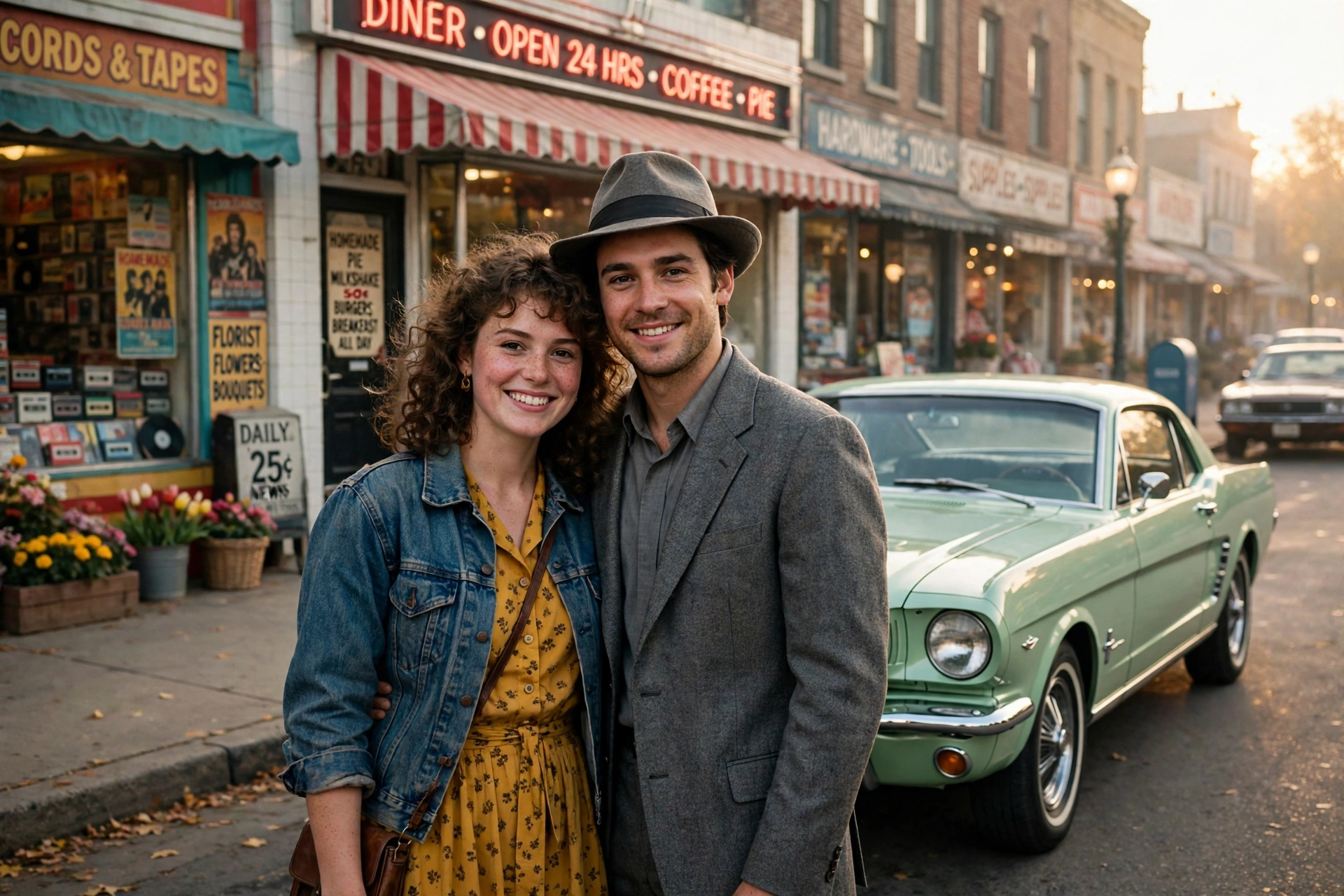 Create an ultra-realistic cinematic photograph of a couple in 1980s style attire posing in front of a classic car, film-grain retro look, warm nostalg