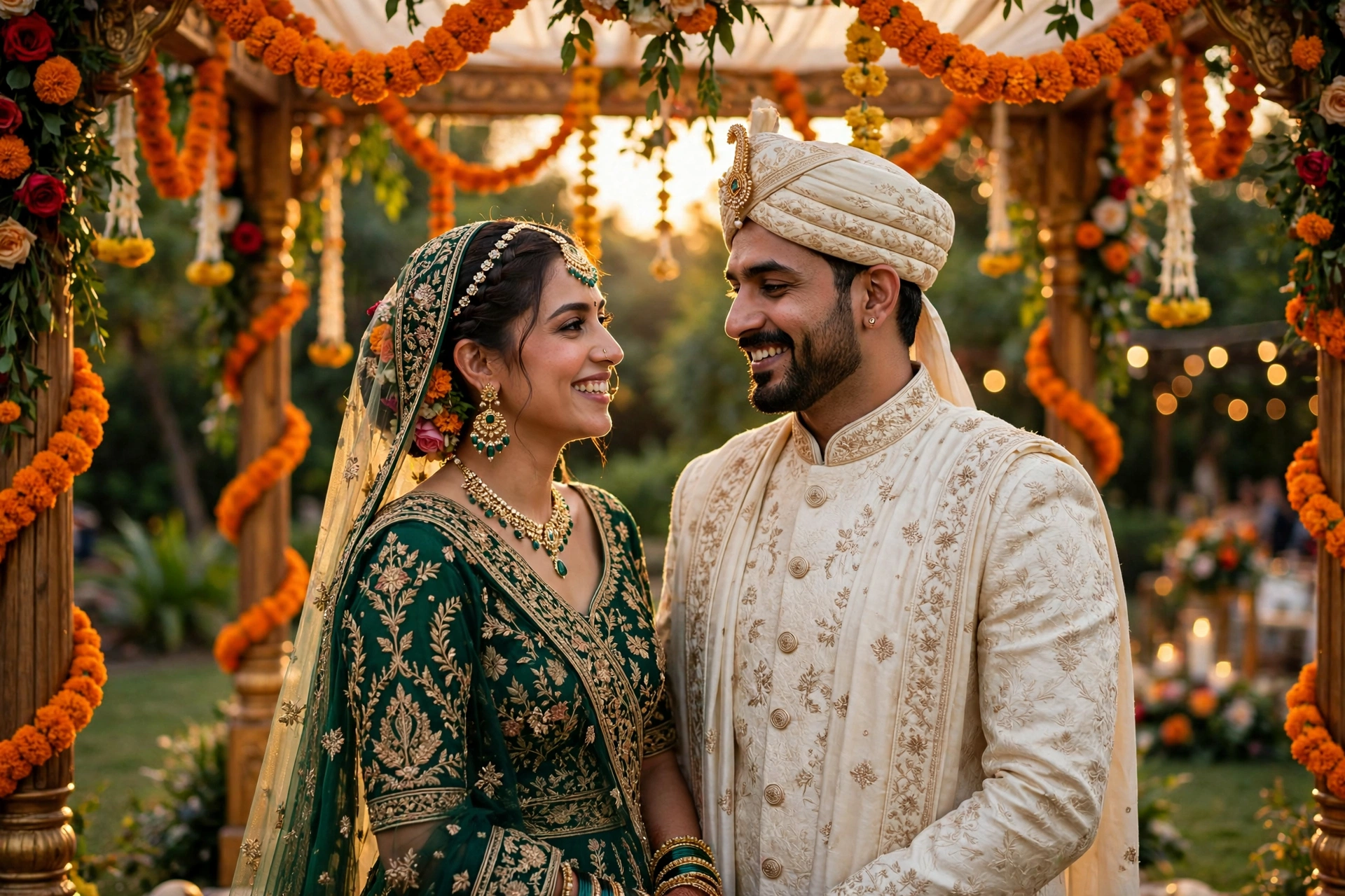 Create an ultra-realistic cinematic photograph of a bride in a traditional embroidered lehenga and groom in a sherwani standing in a flower-decorated